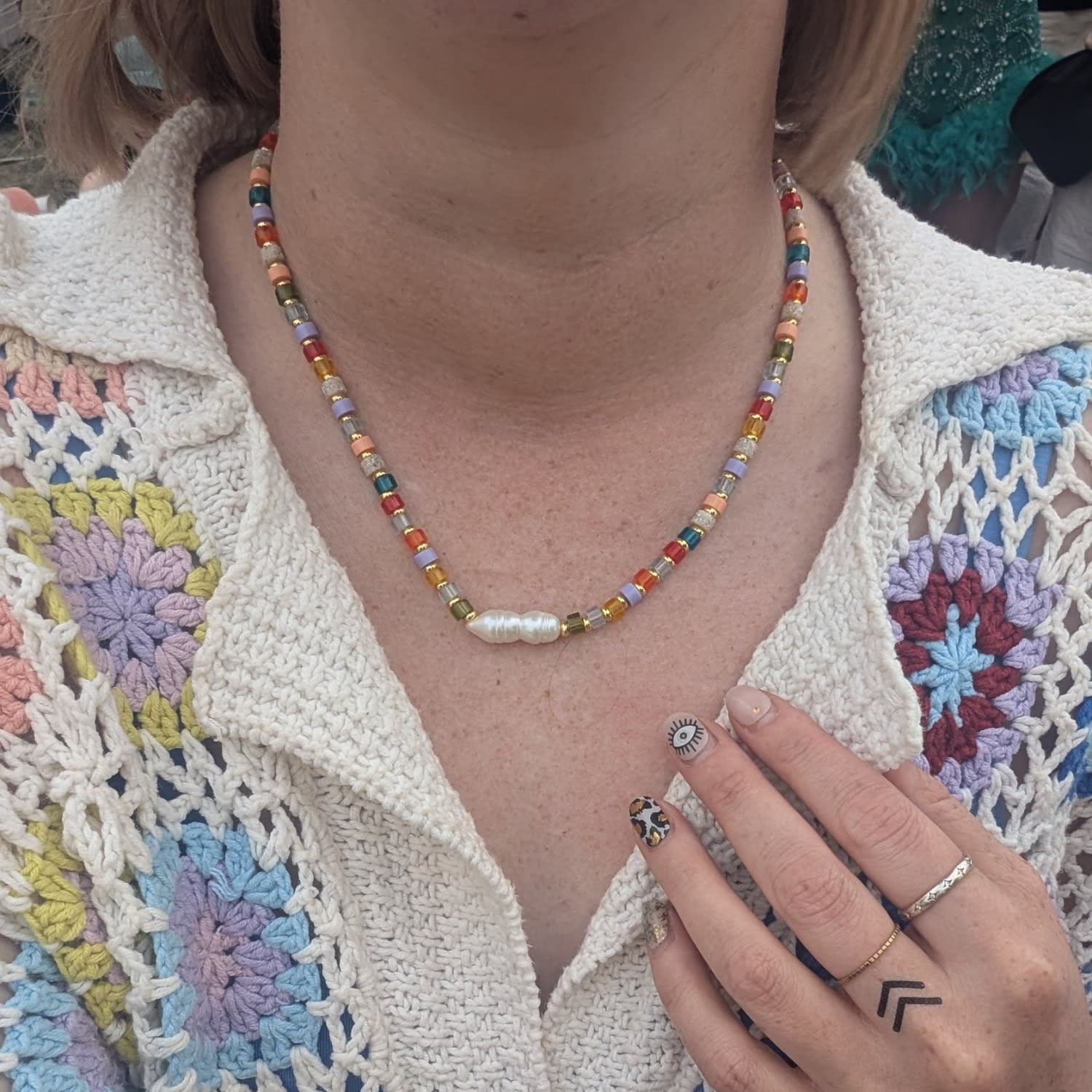 Beaded Necklace - Rainbow & Pearl