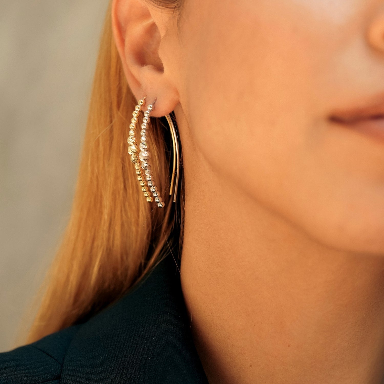 Beaded Pull Through Sterling Silver Earrings - Silver