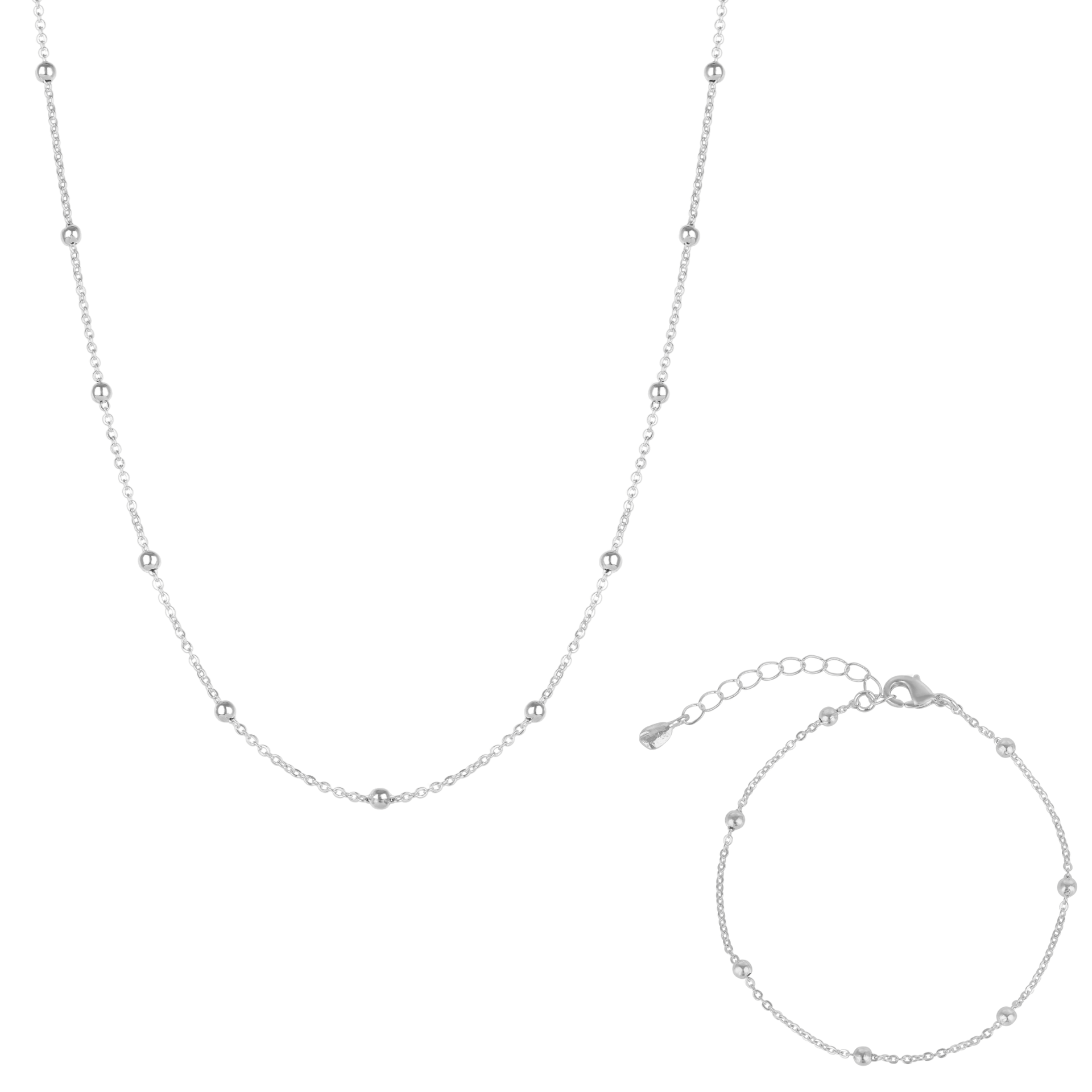Beaded Satellite Silver Chain Bracelet & Necklace Set
