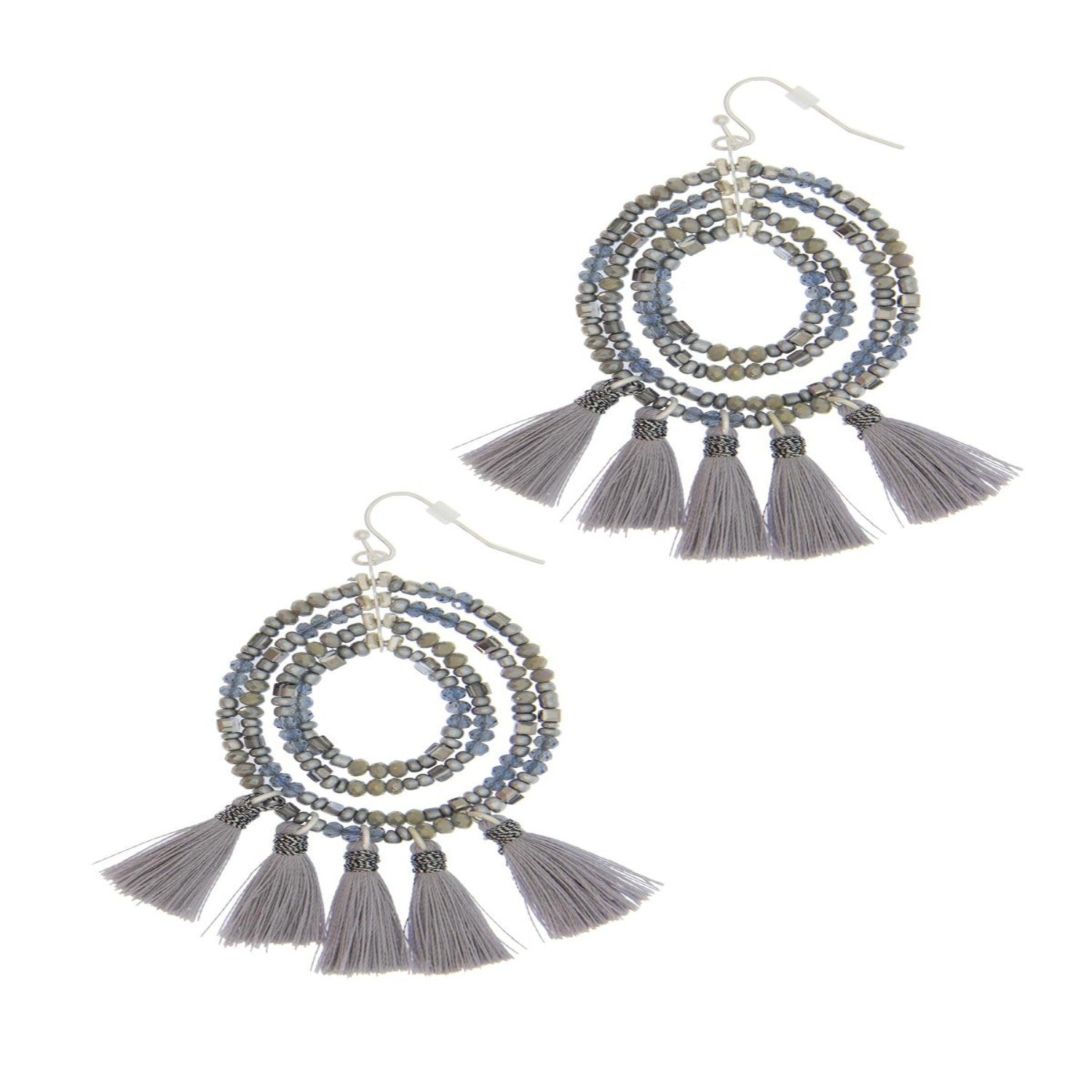 Beaded Tassel Hoop Black Earrings