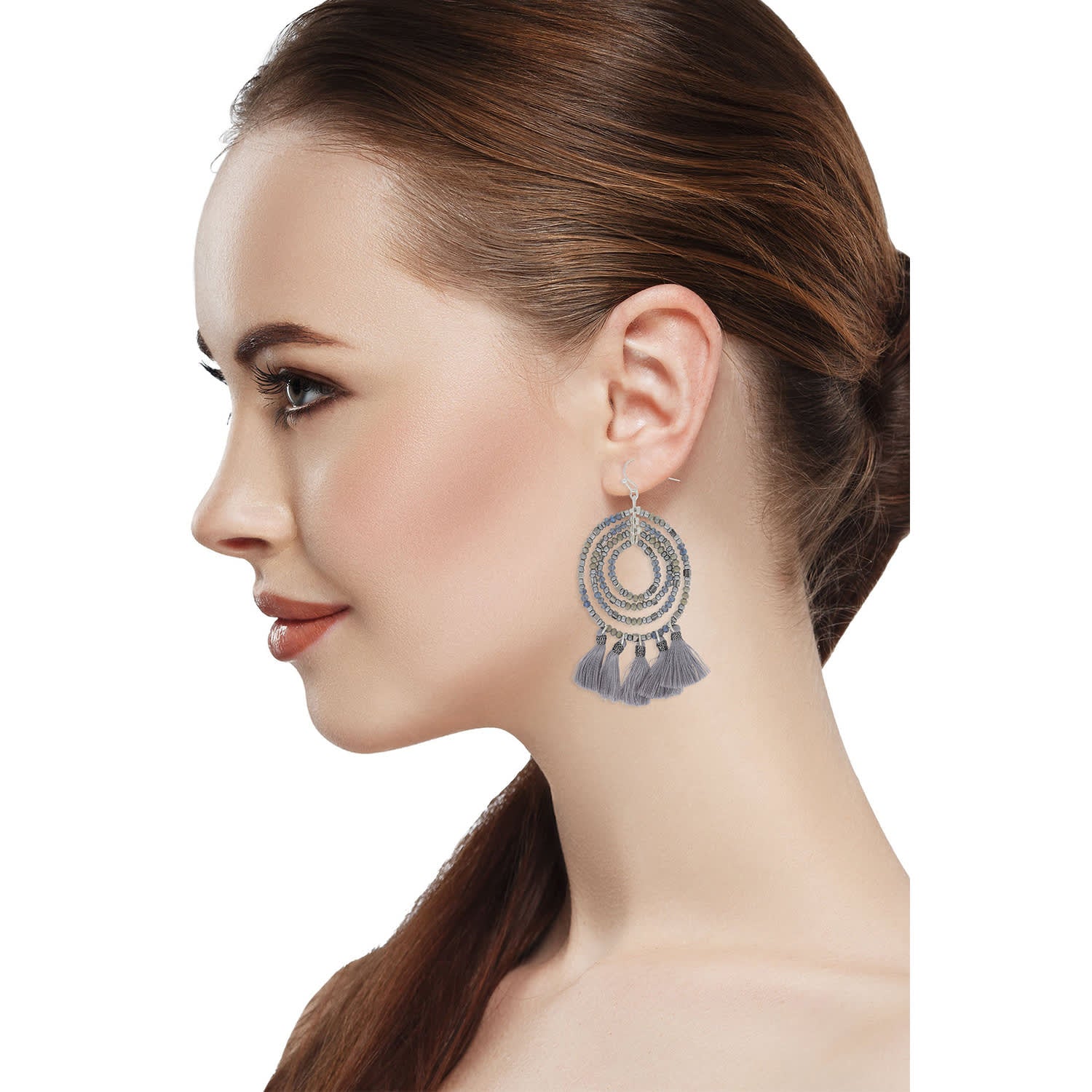 Beaded Tassel Hoop Black Earrings