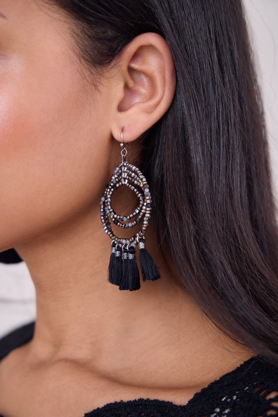 Beaded Tassel Hoop Gray Earrings