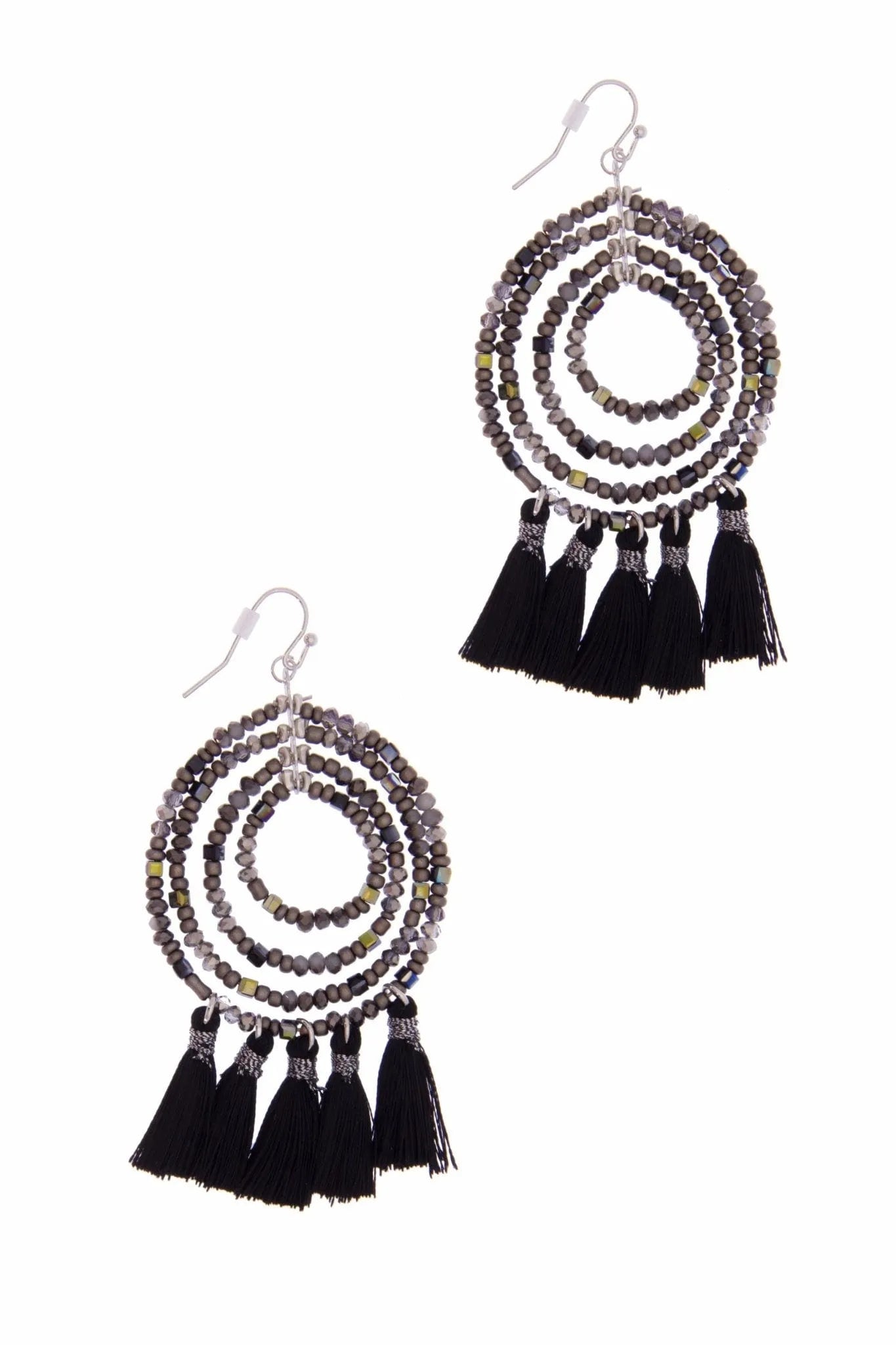 Beaded Tassel Hoop Gray Earrings