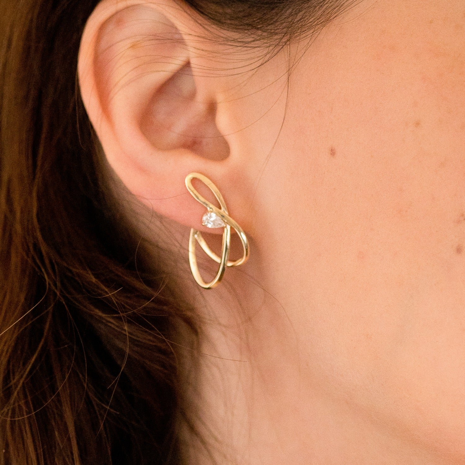 Beauty In The Bloom Earrings - Solid 14K Gold Stud & Huggie Statement Earrings With 0.65 Carat Pear White Sapphires