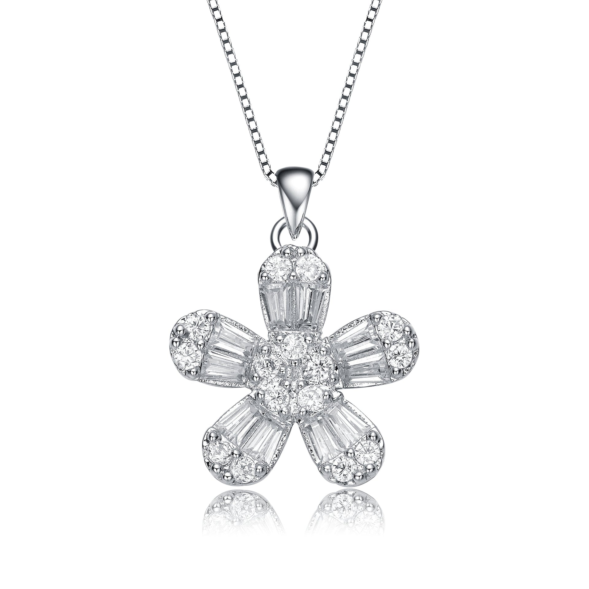 Sterling Silver With Rhodium Plated Baguette Cubic Zirconia Flower Style Pendant Necklace
