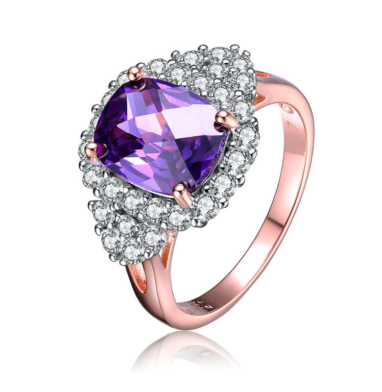 GENEVIVE Sterling Silver Rose Gold Plated Amethyst Cubic Zirconia Pave Cocktail Ring