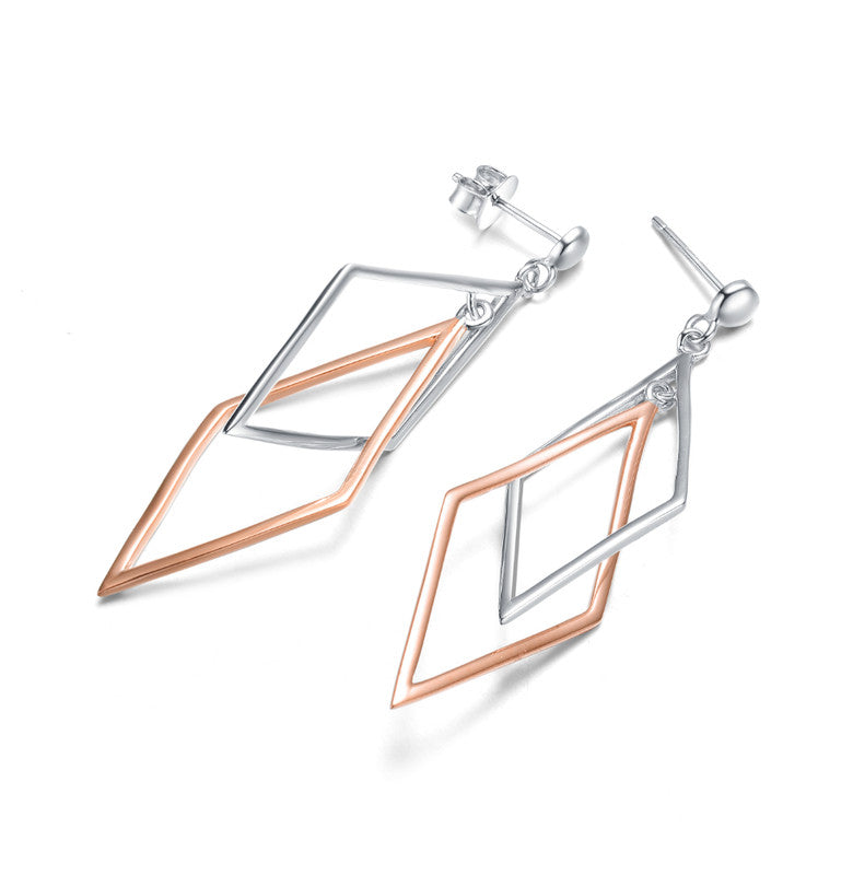 Sterling Silver Two-Tone Rhombus Dangling Earrings