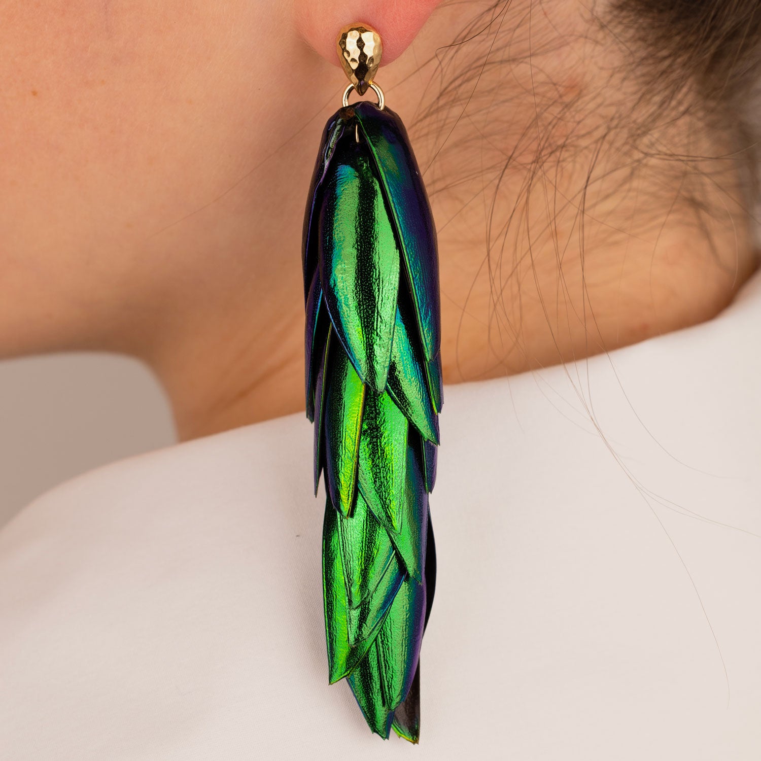 Beetle Earrings Long Metallic Green Natural Recycled Scarab Insect Wings & Gold Drop