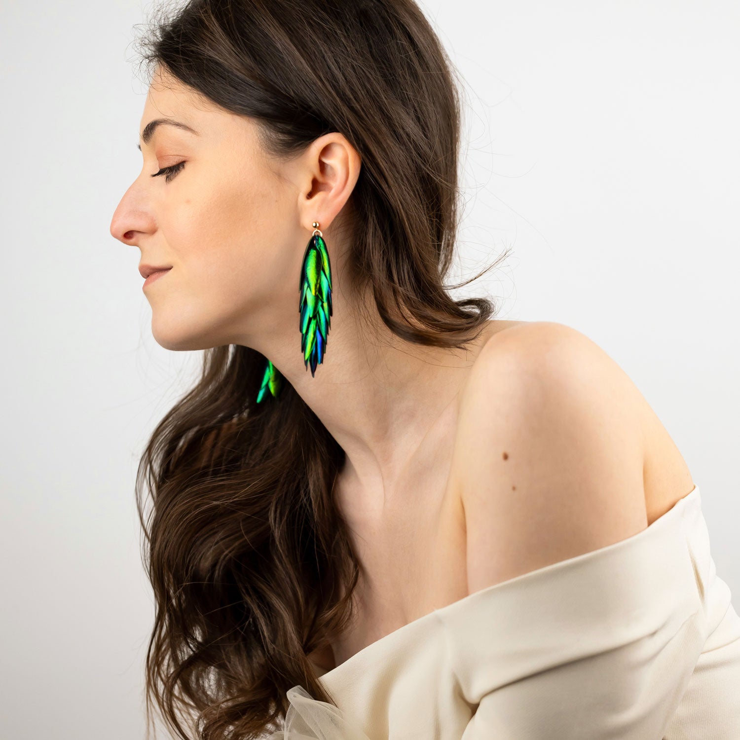 Beetle Earrings Long Metallic Green Natural Recycled Beetle Wings & Gold Earrings