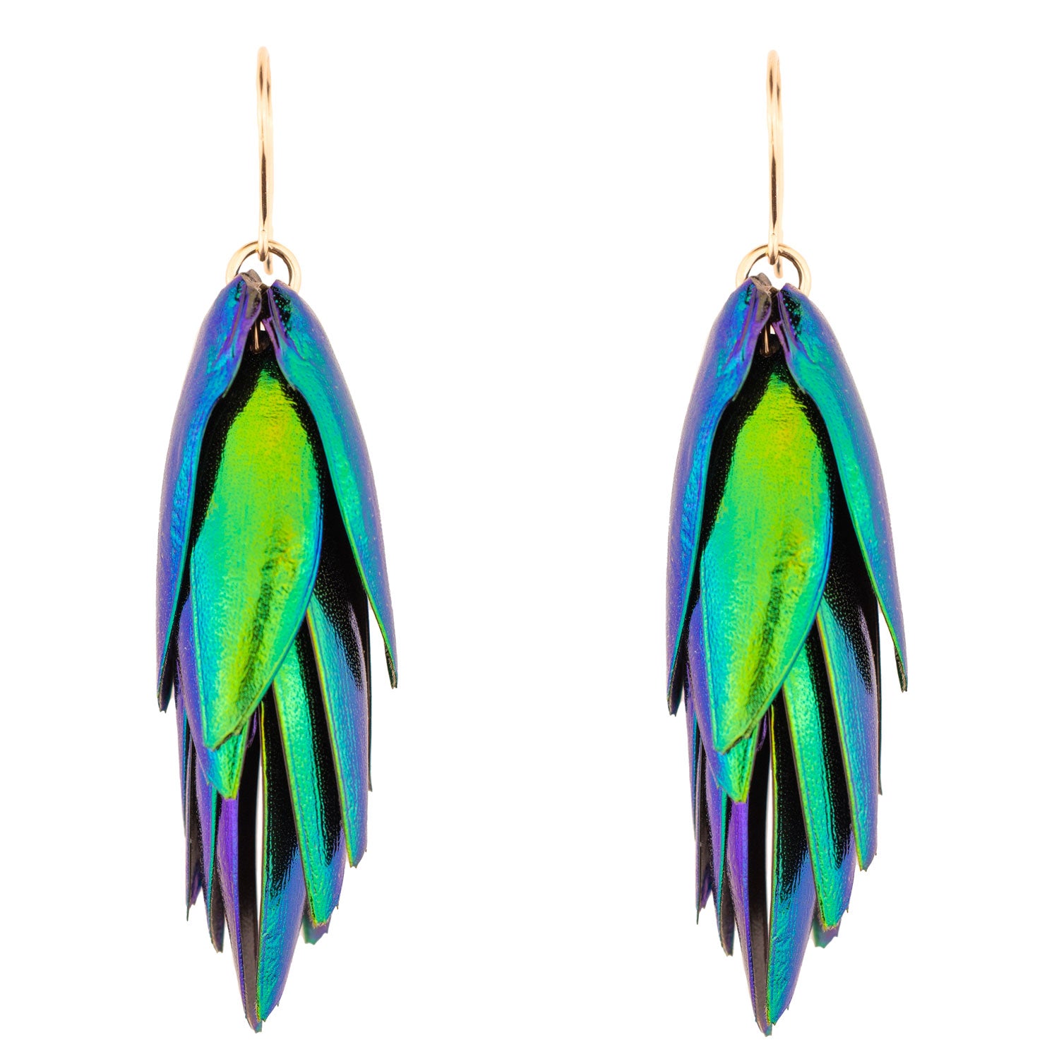 Beetle Wings Drop Statement Earrings Gold Hook Ear Wires