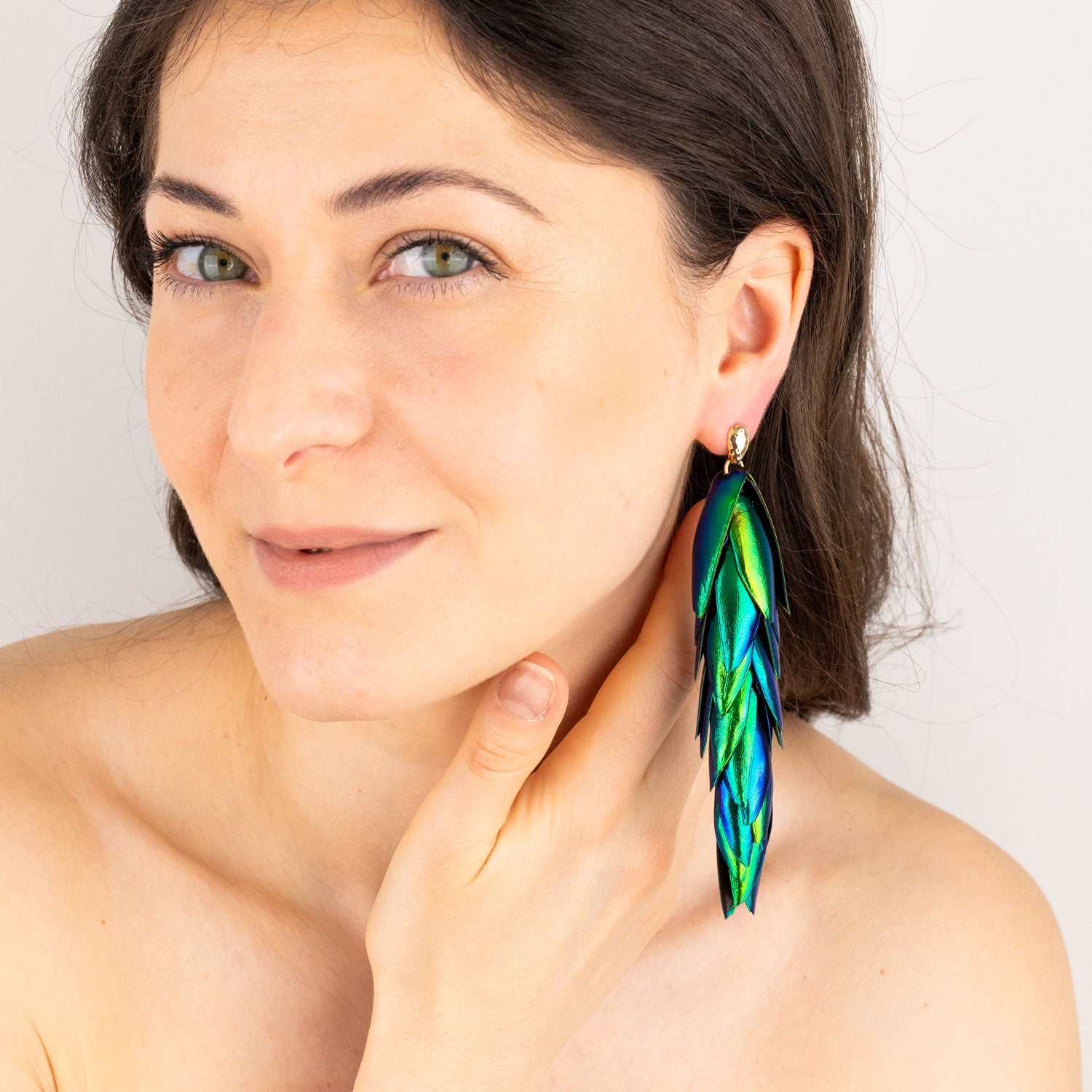 Beetle Wings Earrings Extra Long Drop Single Statement Earring Gold Ear Stud