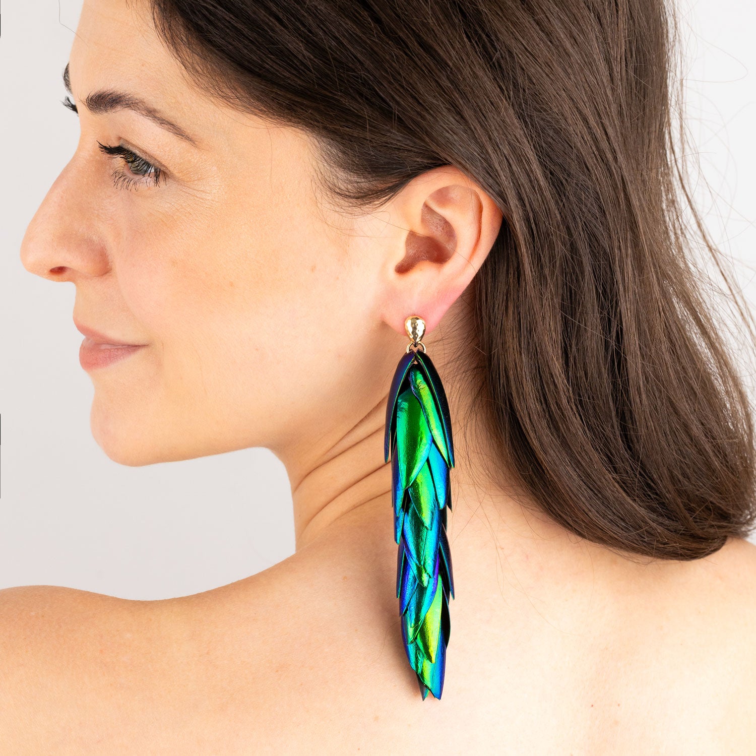 Beetle Wings Extra Long Drop Statement Party Earrings Gold Ear Studs