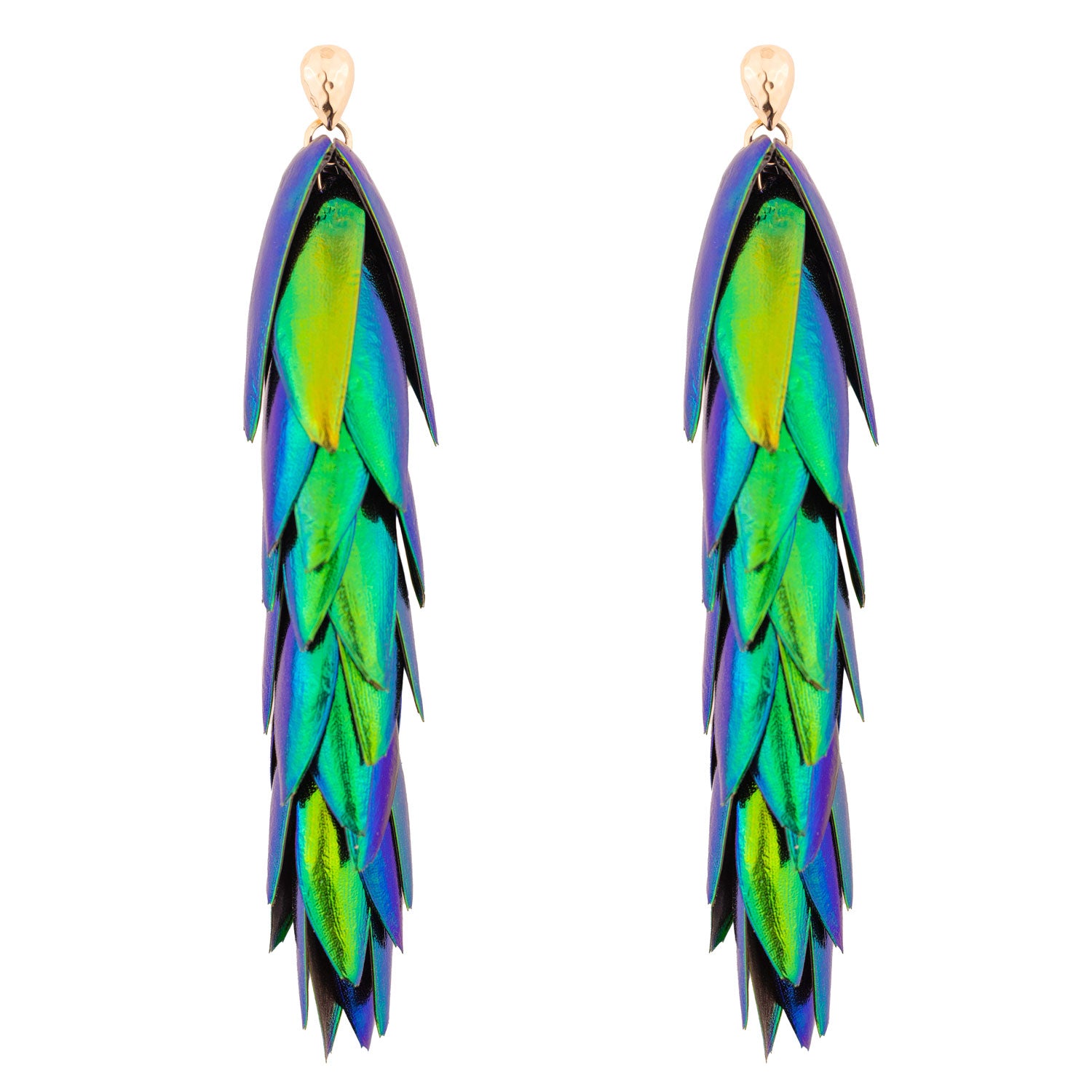 Beetle Wings Extra Long Drop Statement Party Earrings Gold Ear Studs