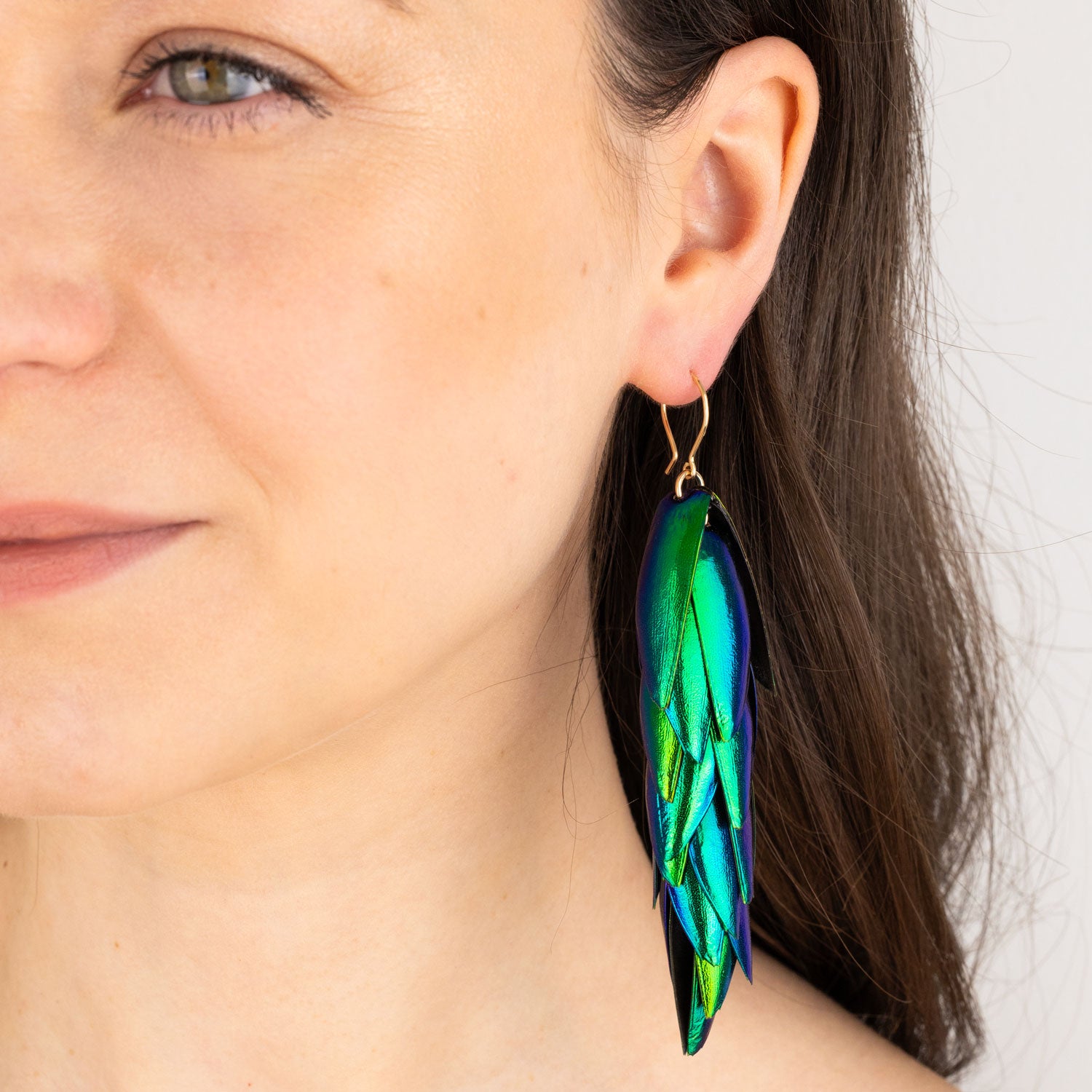 Beetle Wings Earrings Recycled Metallic Green Wing Gold Ear Wires