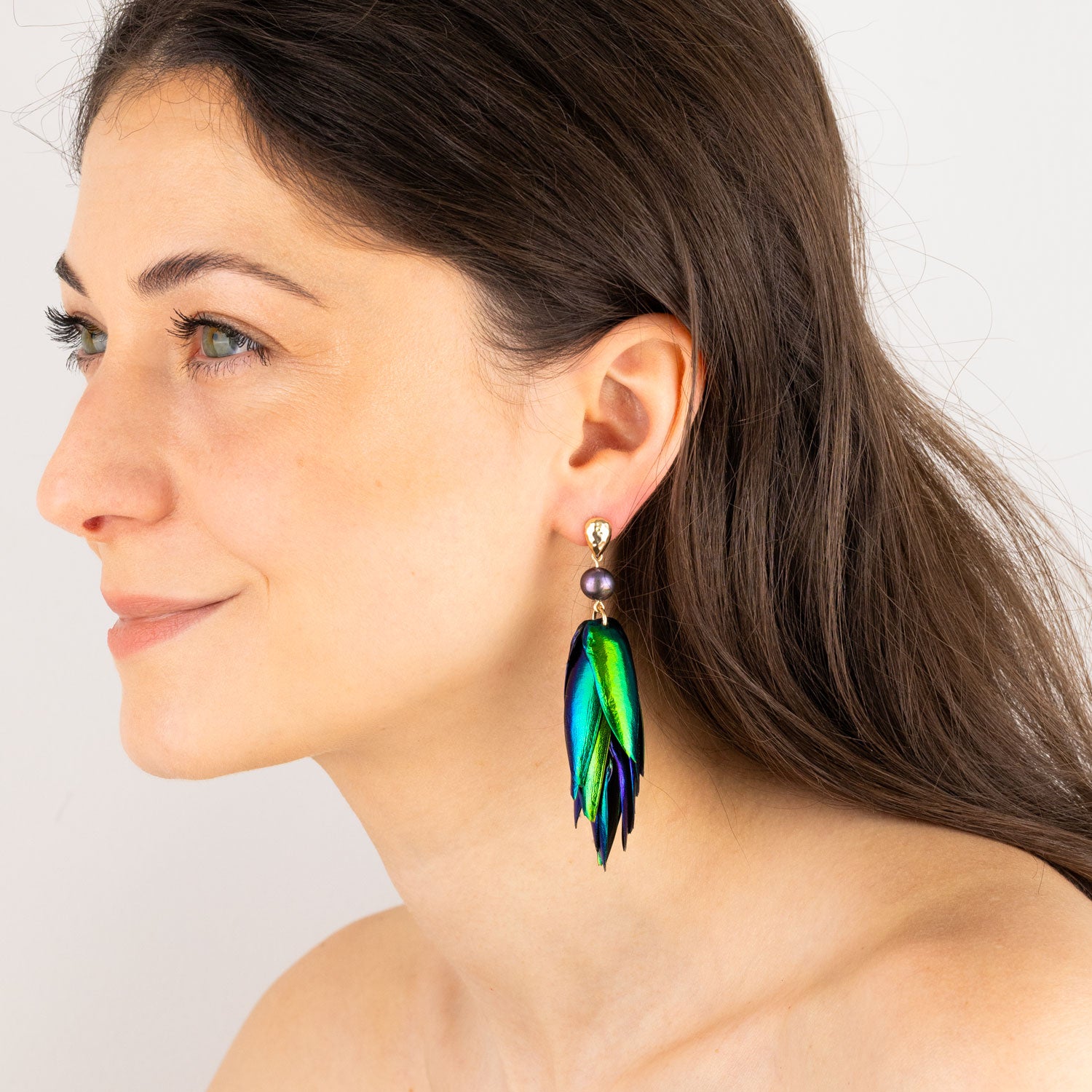 Beetle Wings Metallic Green Earrings Peacock Freshwater Pearls Gold Drop Ear Studs