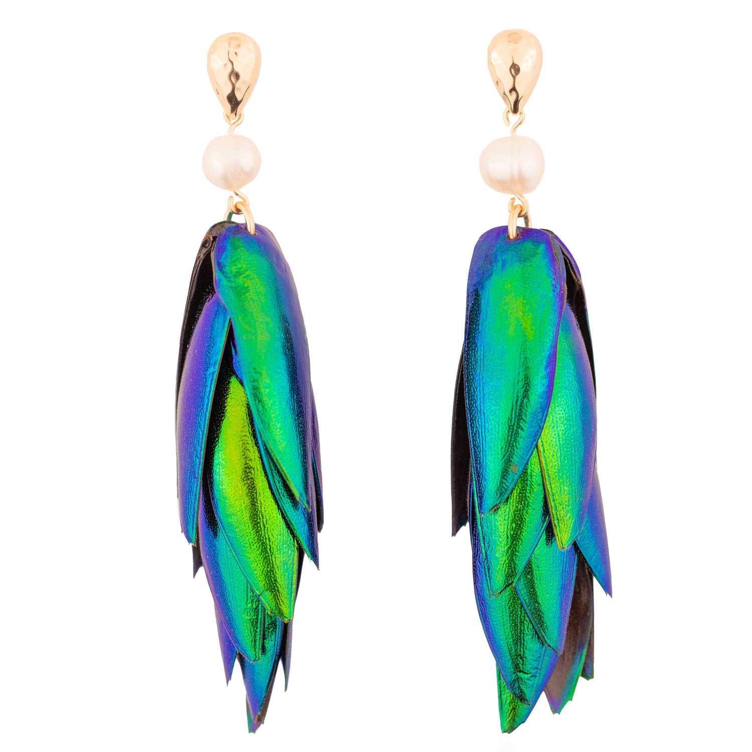 Beetle Wings Metallic Green Earrings White Freshwater Pearls Gold Drop Ear Studs
