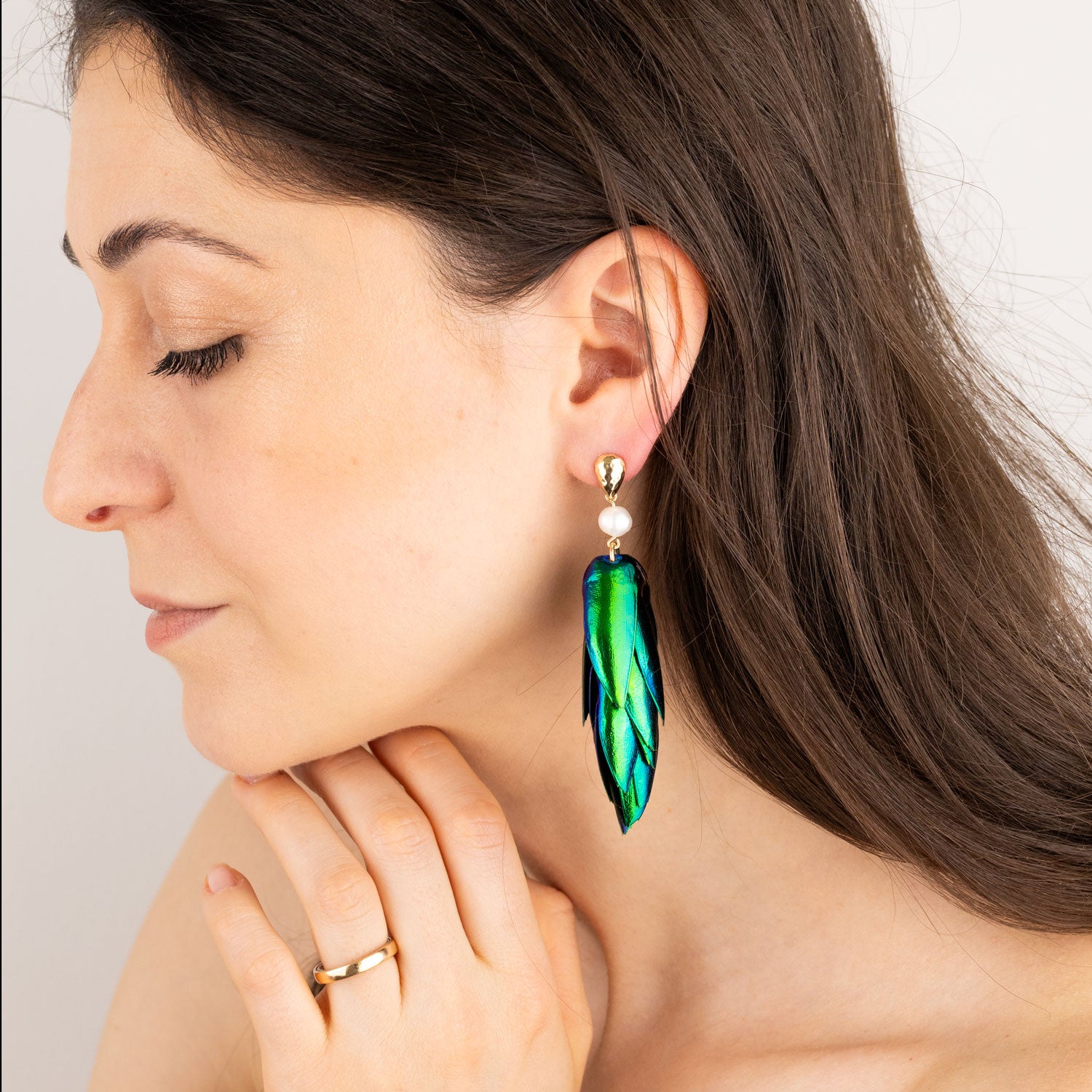 Beetle Wings Metallic Green Earrings White Freshwater Pearls Gold Drop Ear Studs