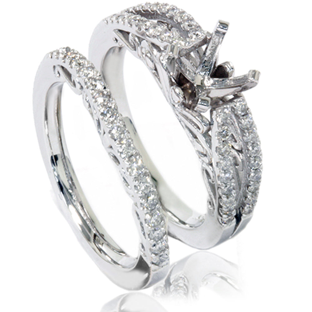 3/4ct Vintage Diamond Engagement Ring Bridal Set 14K White Gold