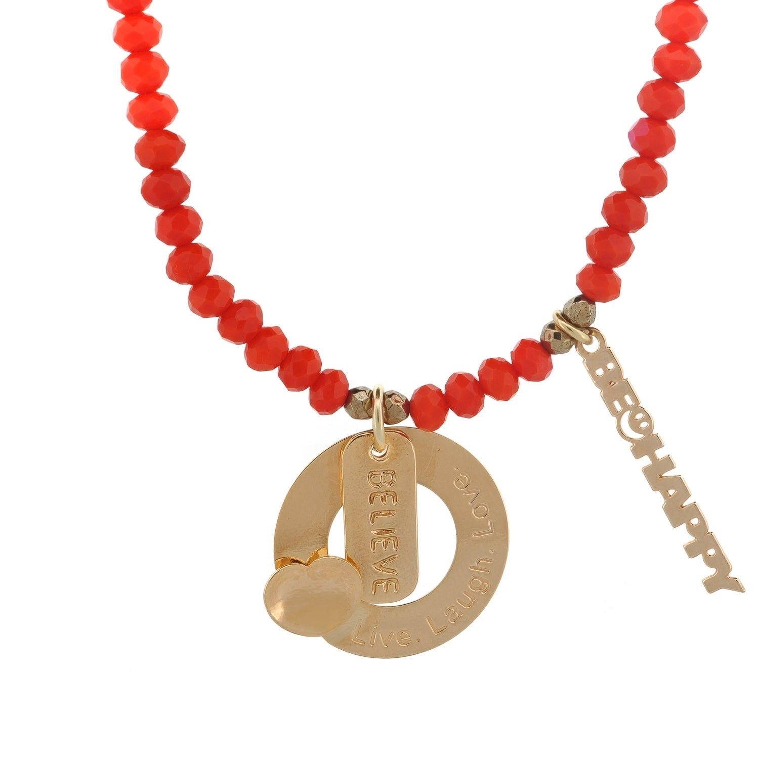 Believe & Be Happy Red Crystal Beaded Gold Choker Necklace - Red