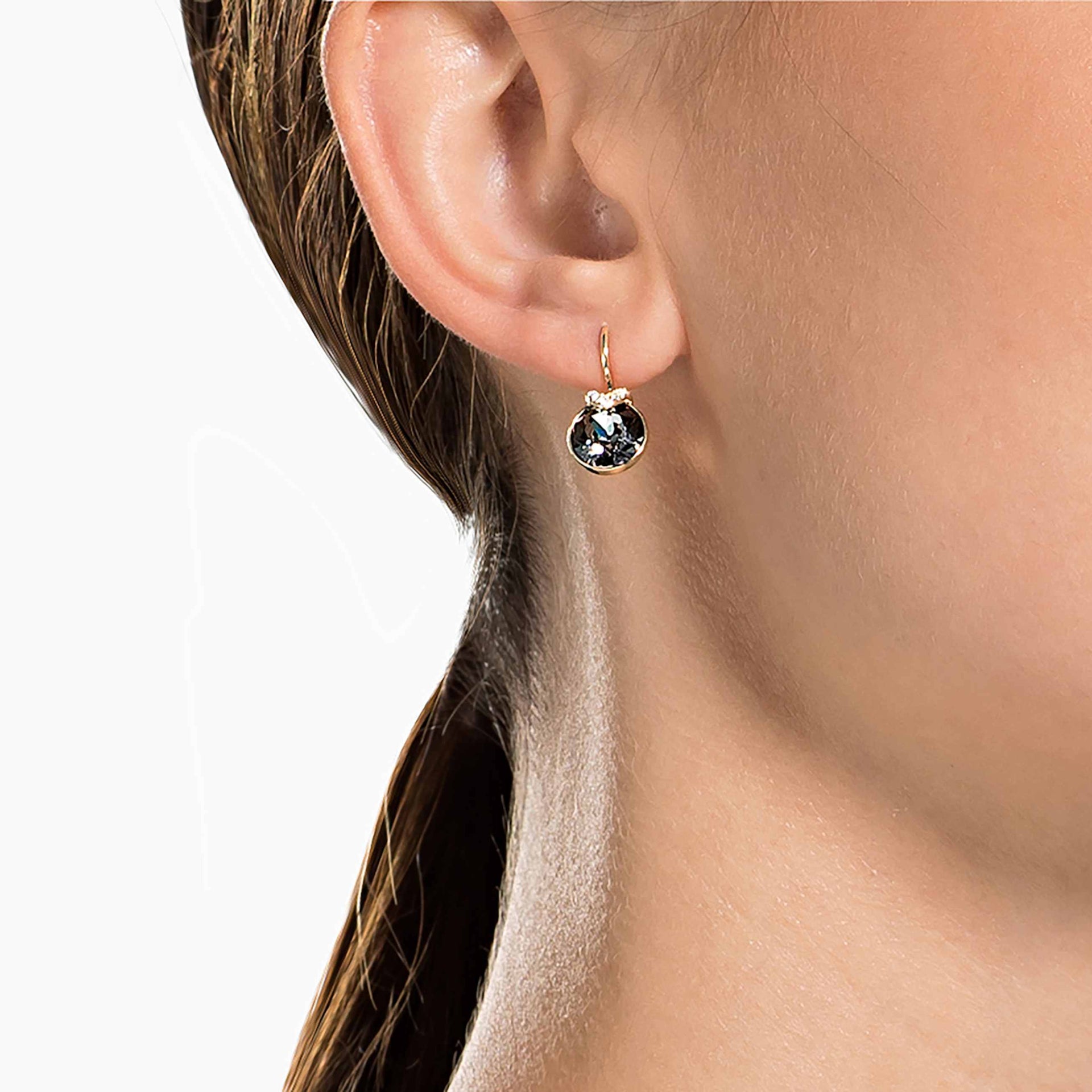 BELLA V DROP EARRINGS ROUND CUT GRAY ROSE GOLD TONE PLATED
