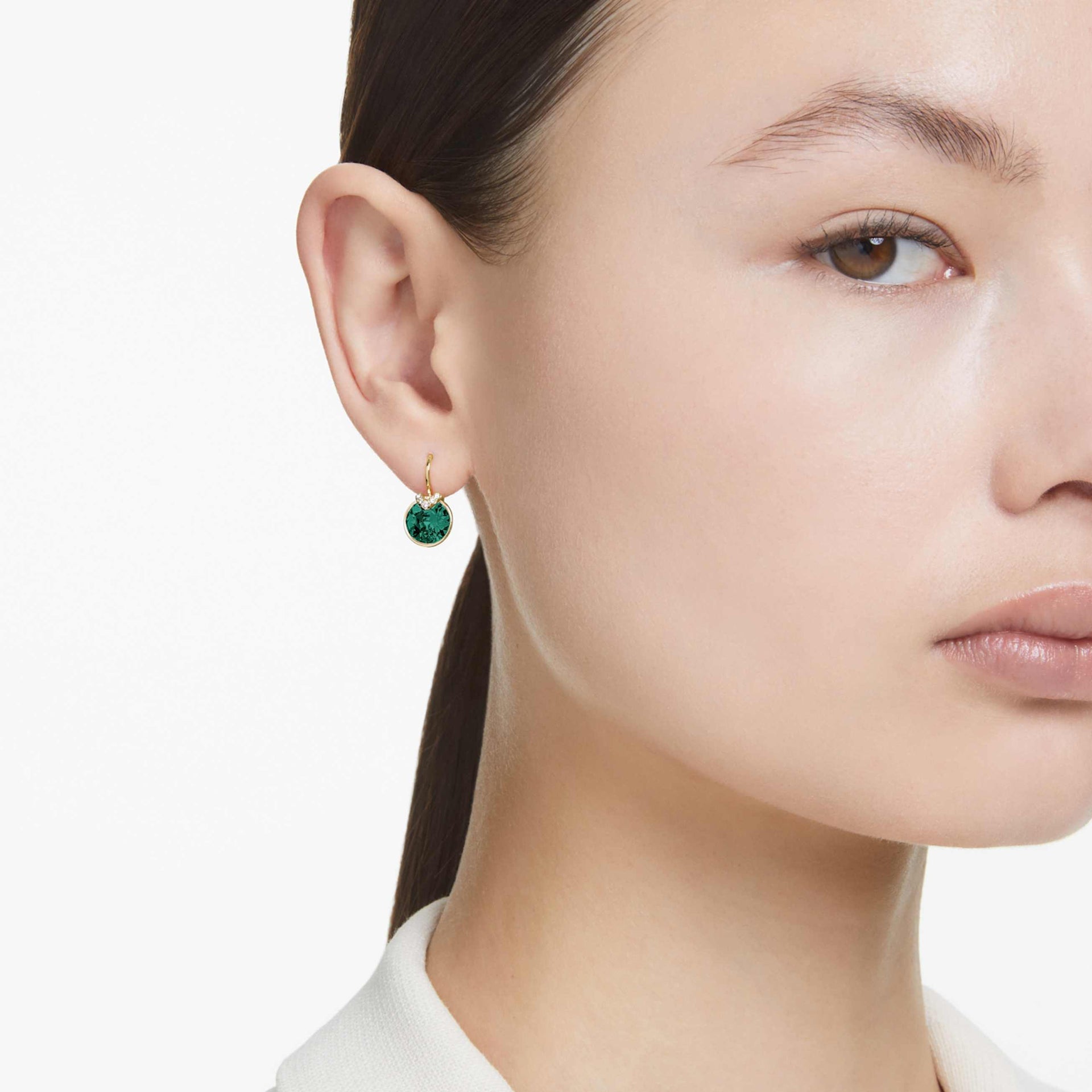 BELLA V DROP EARRINGS ROUND CUT GREEN GOLD TONE PLATED