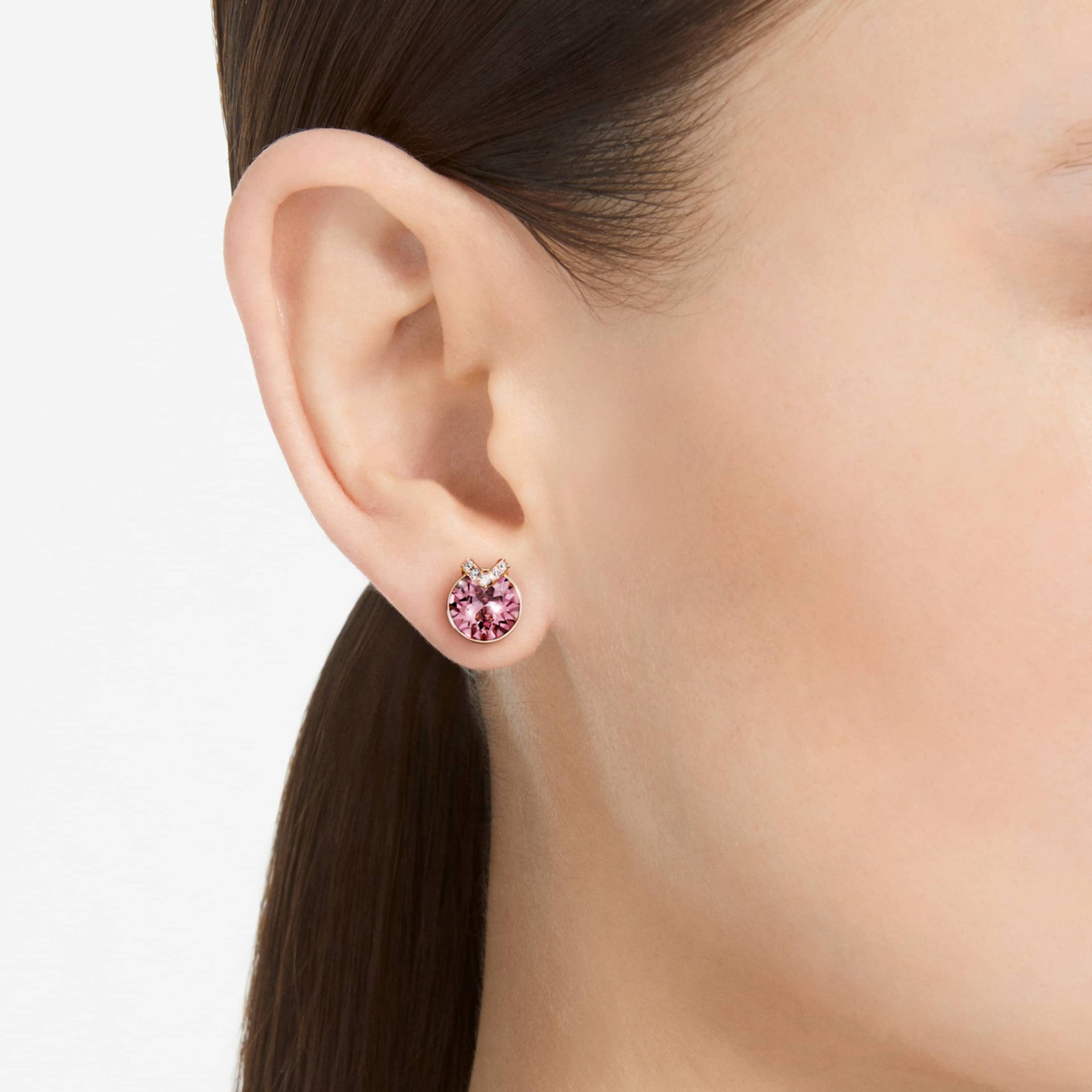 BELLA V STUD EARRINGS ROUND CUT PAVE PINK ROSE GOLD TONE PLATED