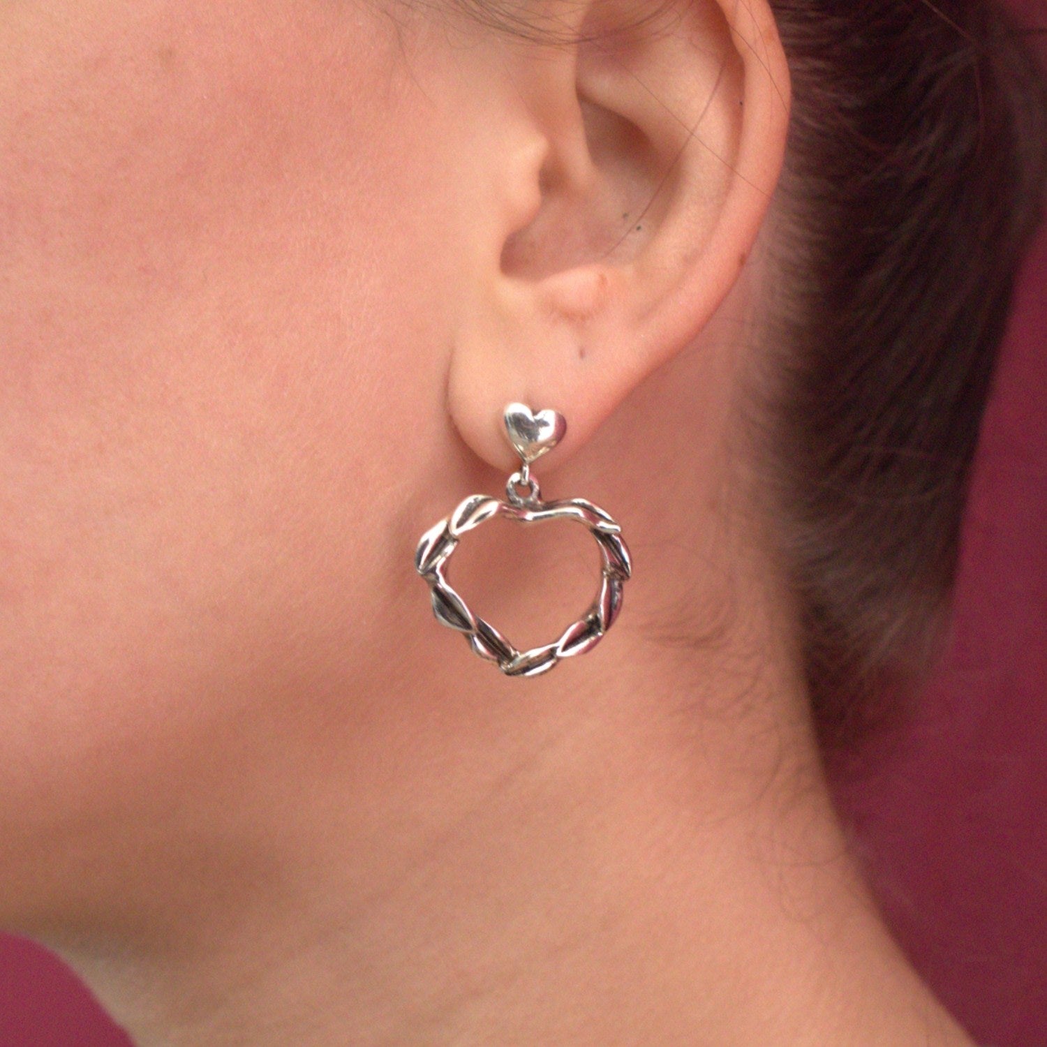 Earrings Belove With Heart And Leaf Pendants In Sterling Silver.