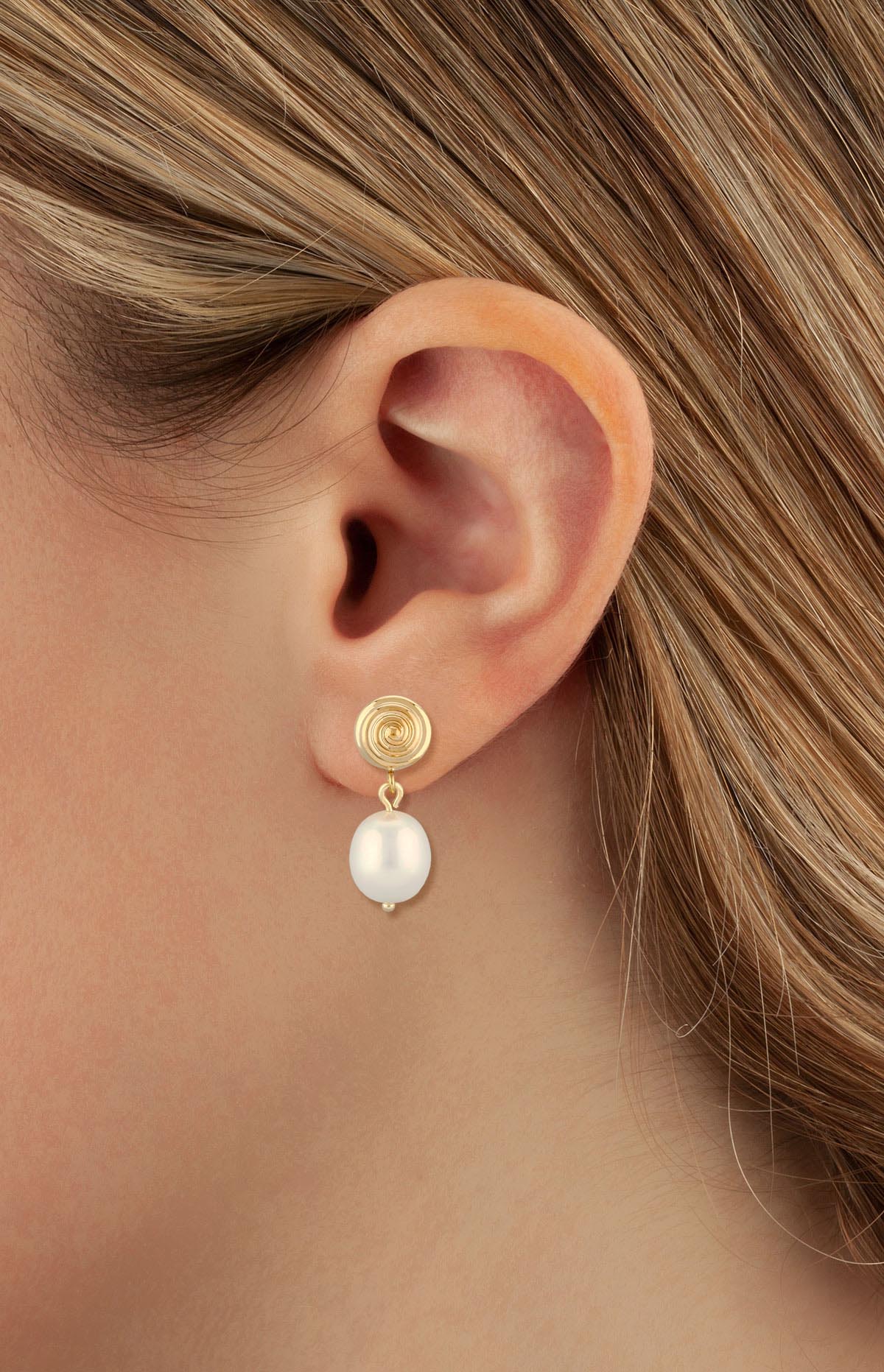 14K Yellow Gold Swirled Pearl Drop Earrings