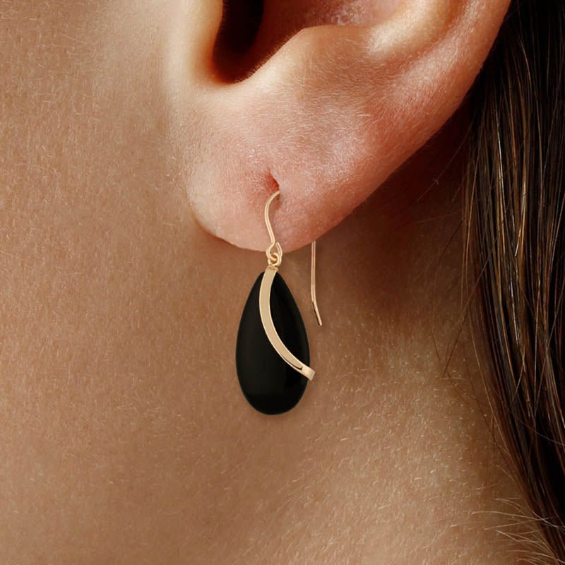 Black Onyx Almond Drop Swirl Dangle Earrings