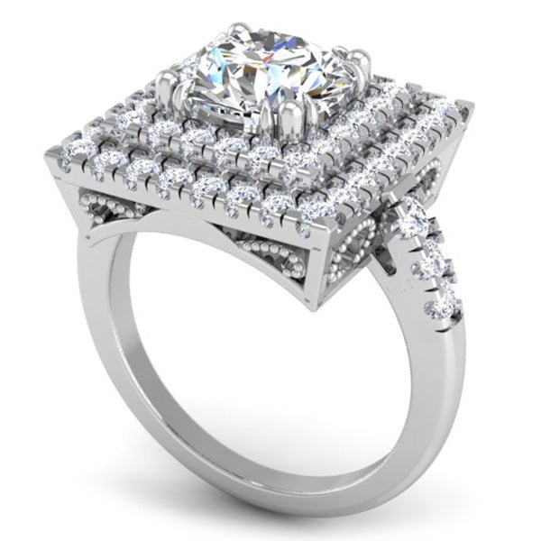 Estella Art Deco Double Square Halo Pave Set Diamond Engagement Ring