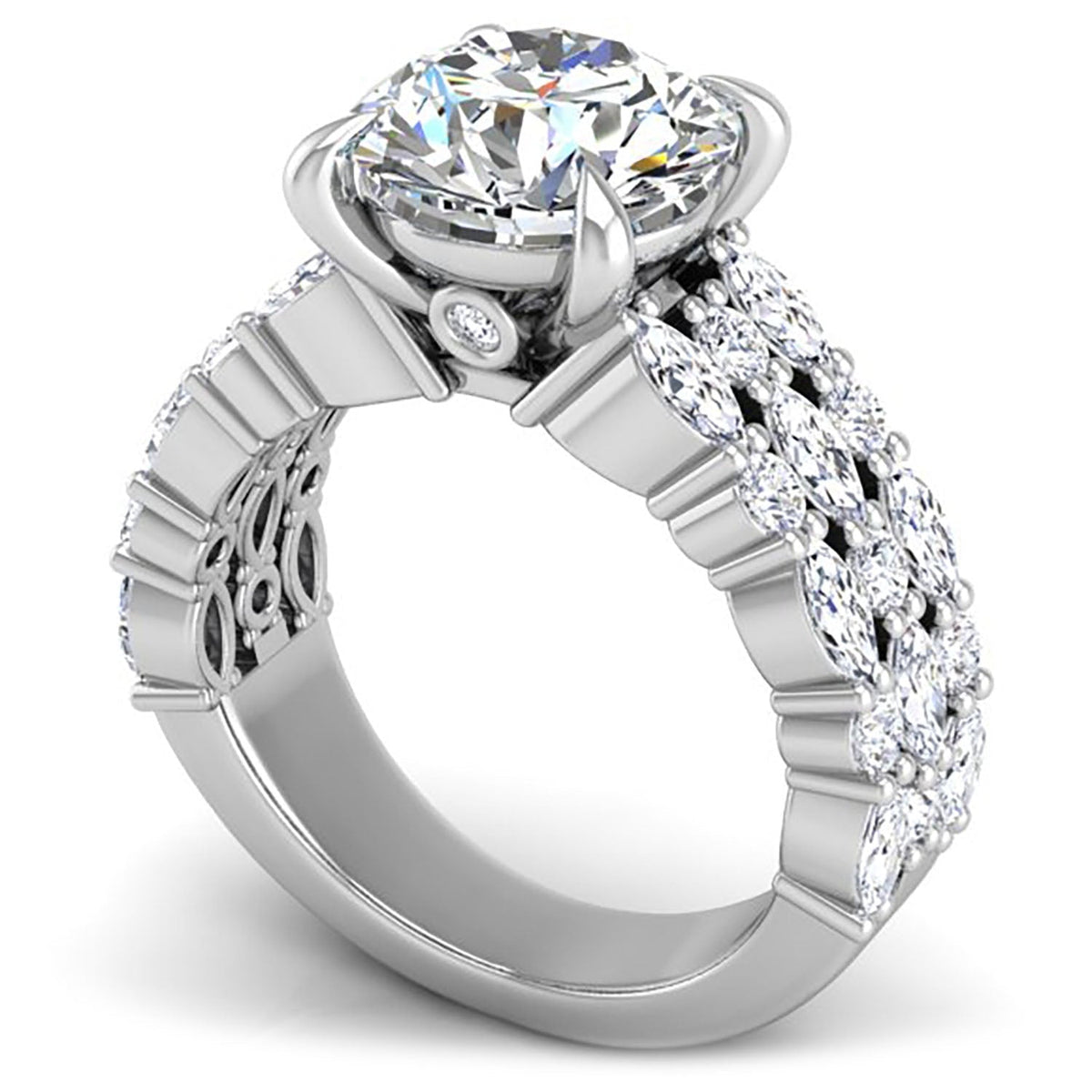 Halley Three Row Marquise & Round Cut Diamond Engagement Ring