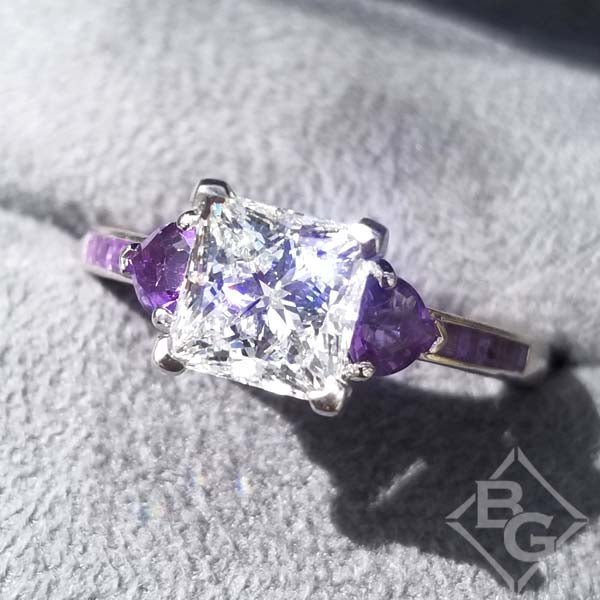 Princess Cut Center Heart Shaped Amethyst Side Gemstone Engagement Ring