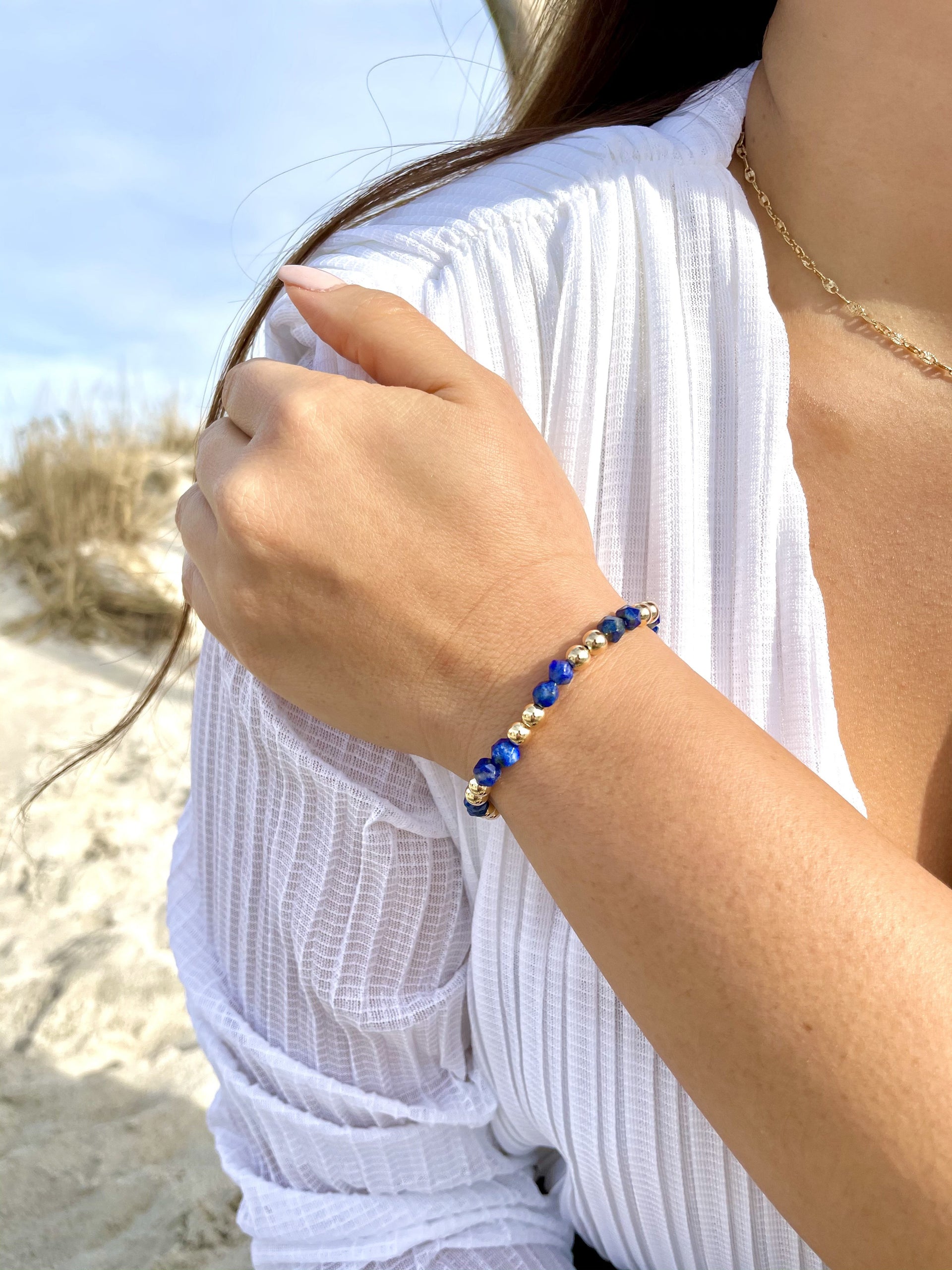 Lapis Lazuli Power Gem Gold Bubble Beaded Bracelet