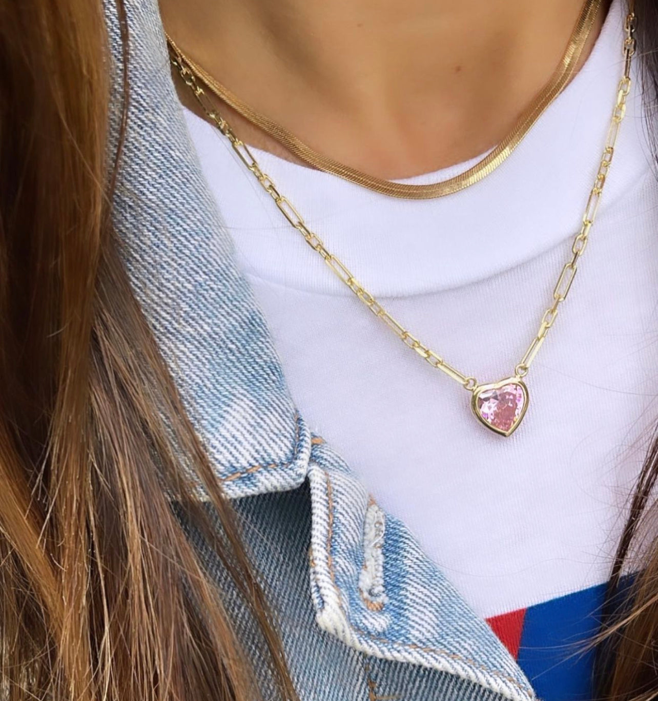 Bezel Heart On A Paperclip Necklace - Pink