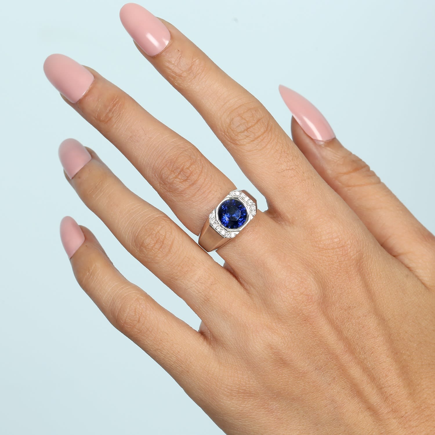 Bezel Set Blue Sapphire & Pave Diamond Band Ring In 18K White Gold