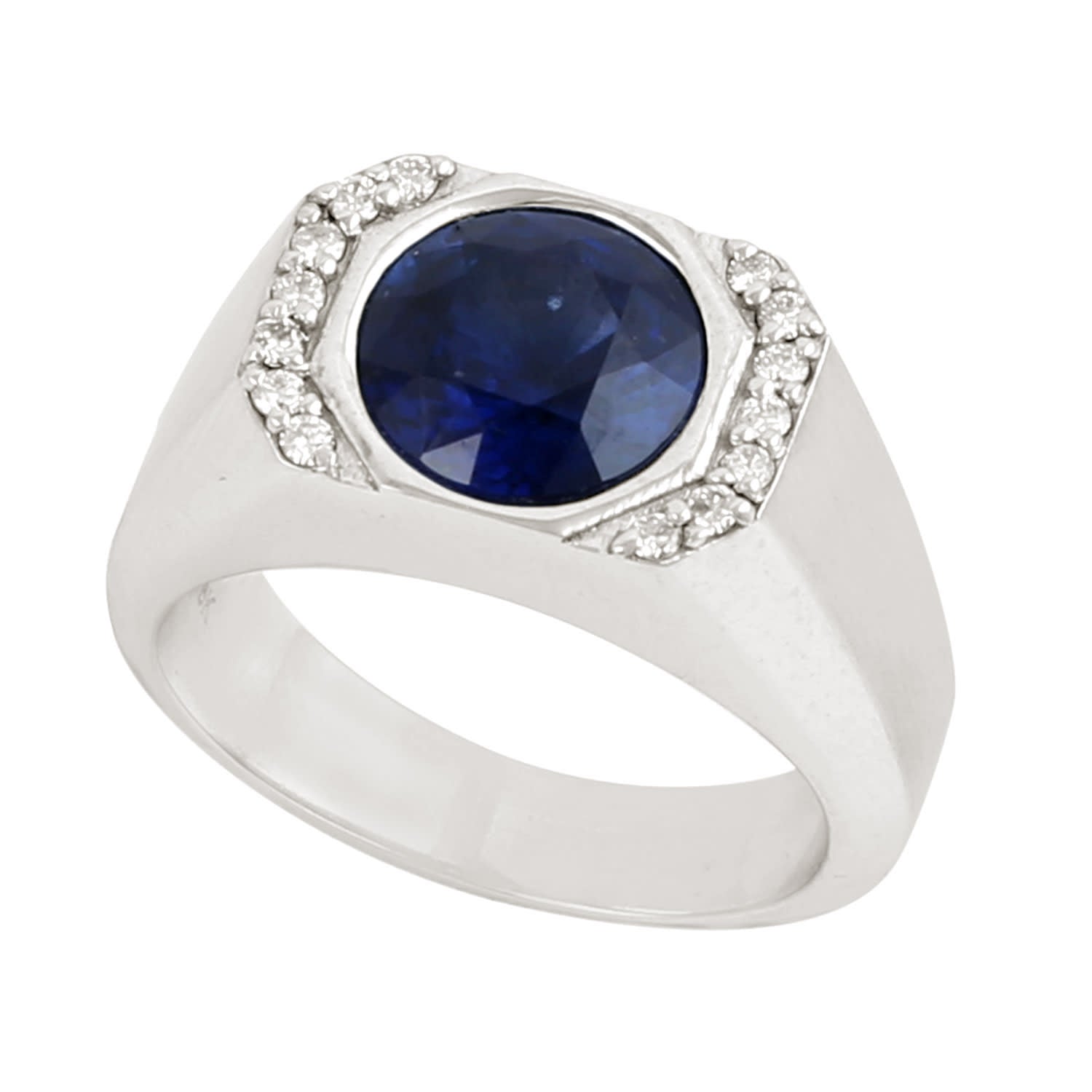 Bezel Set Blue Sapphire & Pave Diamond Band Ring In 18K White Gold