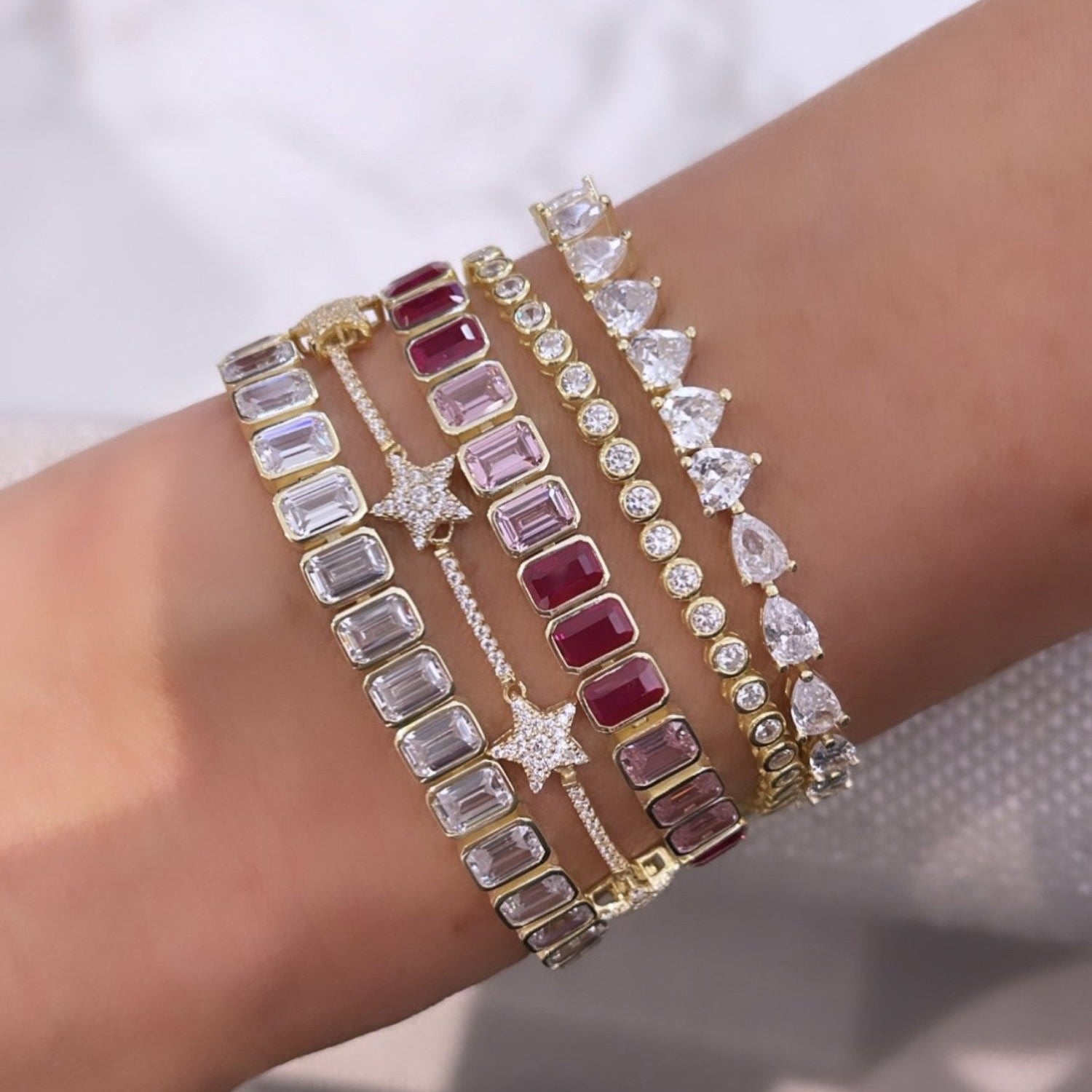 Bezel-Set Color Emerald Tennis Bracelet - Pink