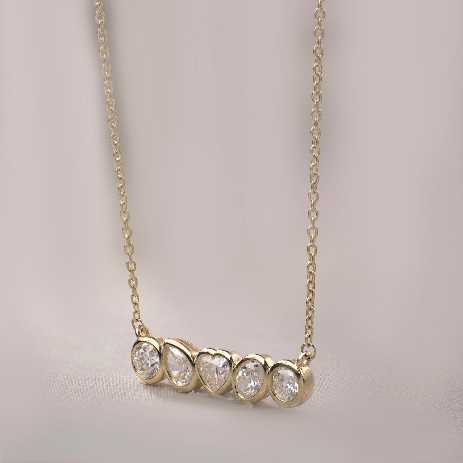 Bezel Set 5-Stone Mix Shape Diamond Dainty Necklace In 14Kt Yellow Gold