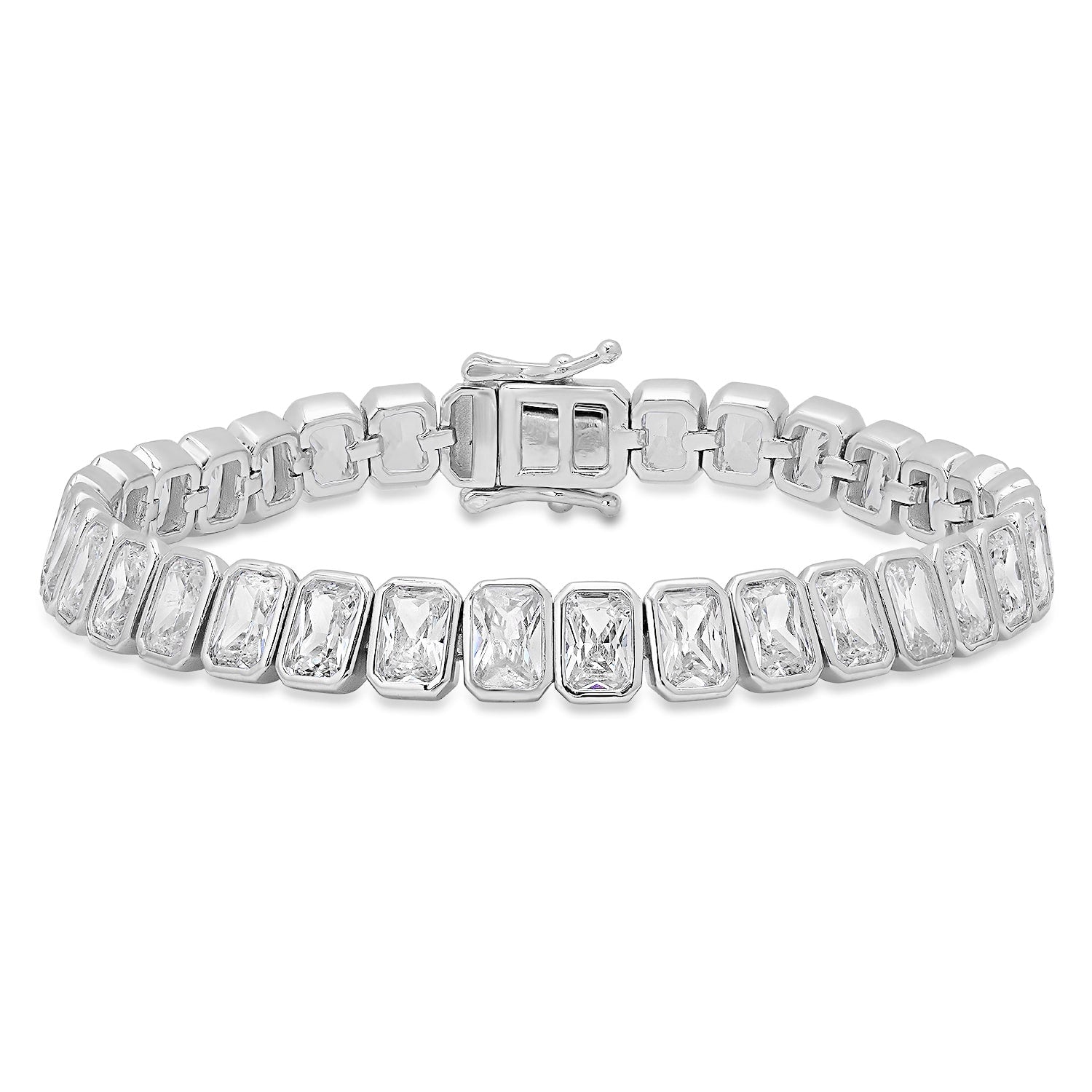 Bezel-Set Emerald-Cut Diamond Cz Tennis Bracelet In Sterling Silver