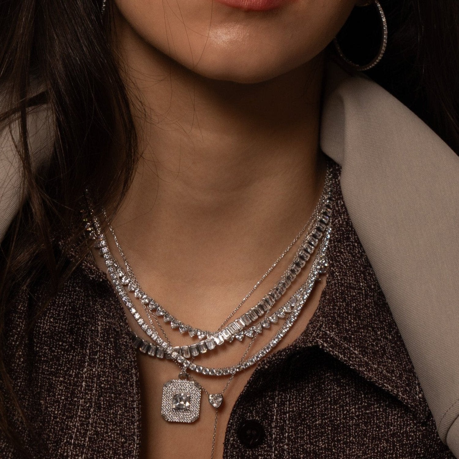 Emerald Bezel-Set Statement Tennis Necklace - Silver