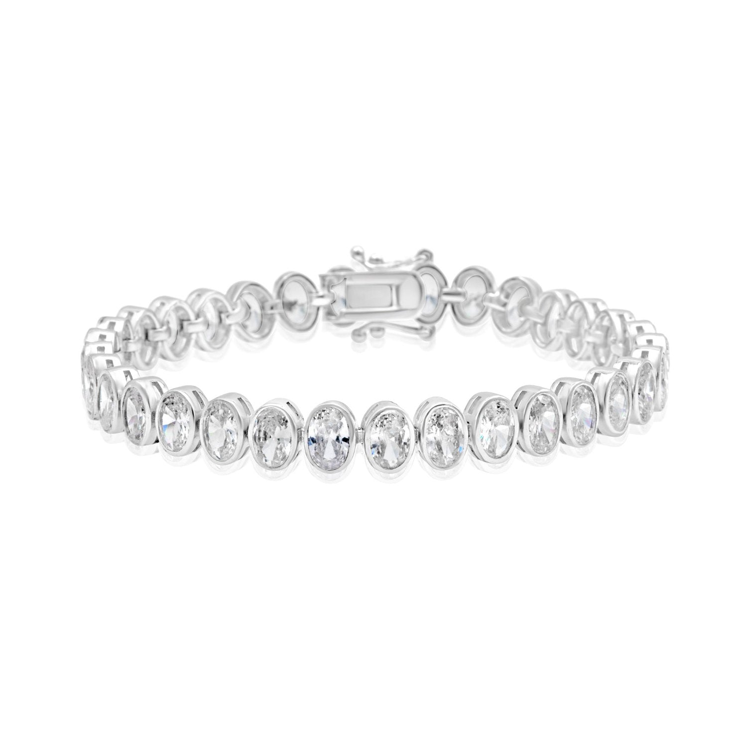 Bezel-Set Oval Tennis Statement Bracelet - Silver