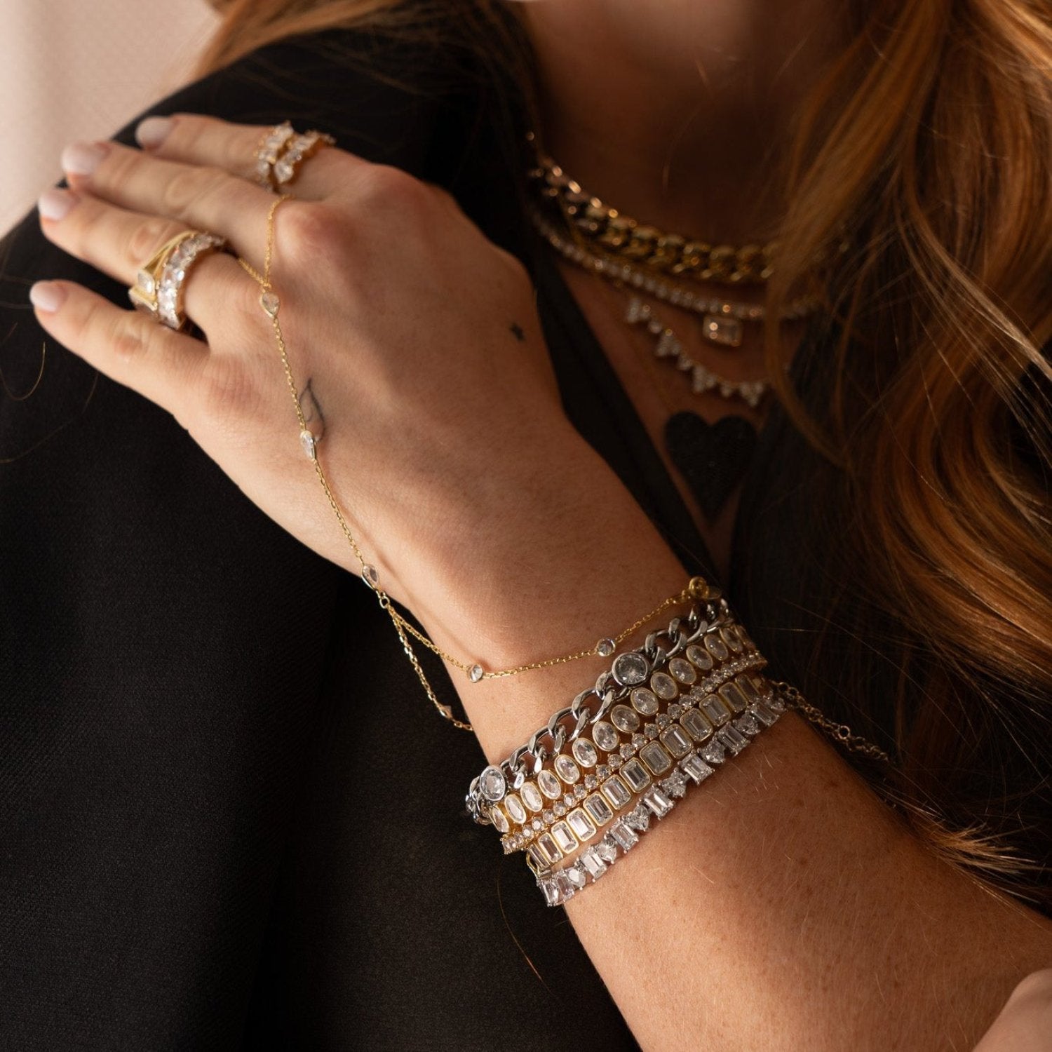 Heart And Emerald Shape Tennis Bracelet - Silver