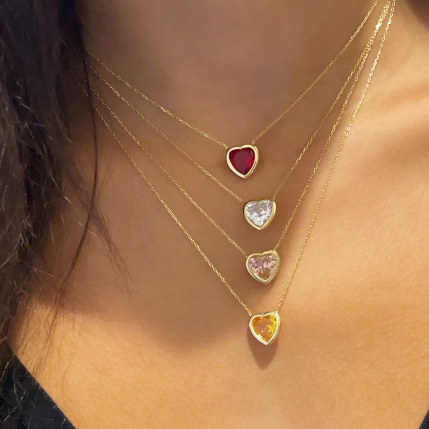 Bezel-Set Solitaire Necklace - Heart Gold & Light Pink