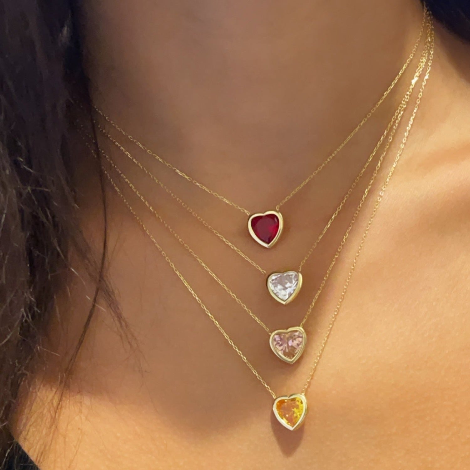 Bezel-Set Solitaire Necklace - Heart Gold & Red