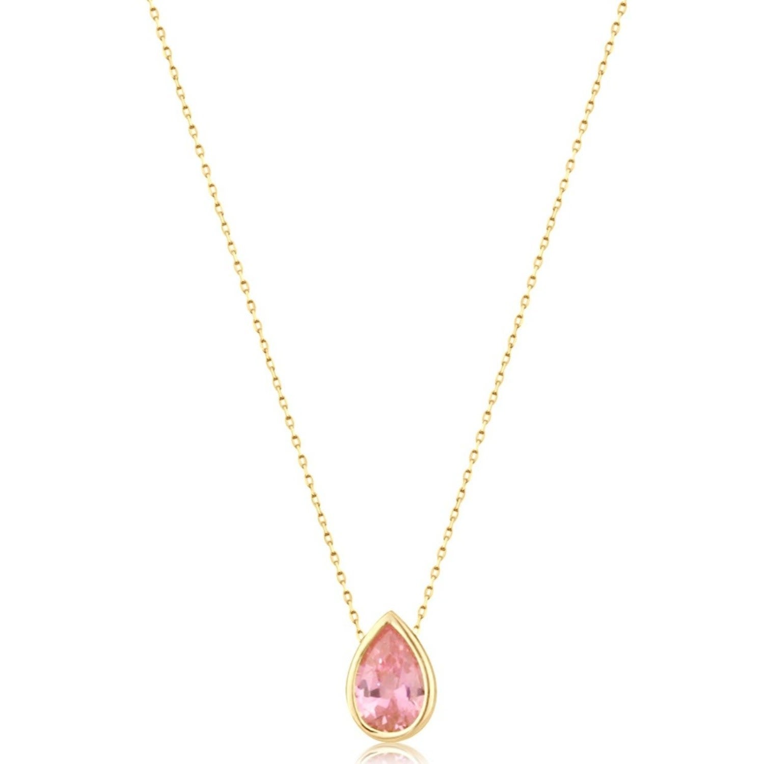 Bezel-Set Solitaire Necklace - Pear Gold & Light Pink