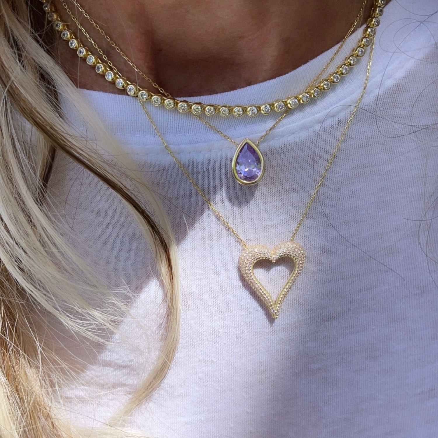 Bezel-Set Solitaire Necklace - Pear Gold & Purple