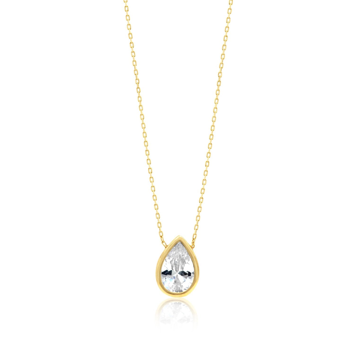 Bezel-Set Solitaire Necklace - Pear Gold & White