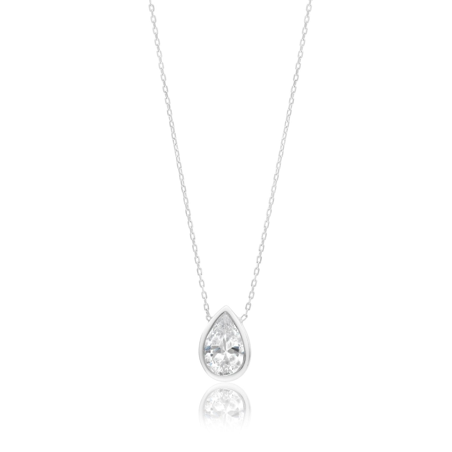 Bezel-Set Solitaire Necklace - Pear Silver