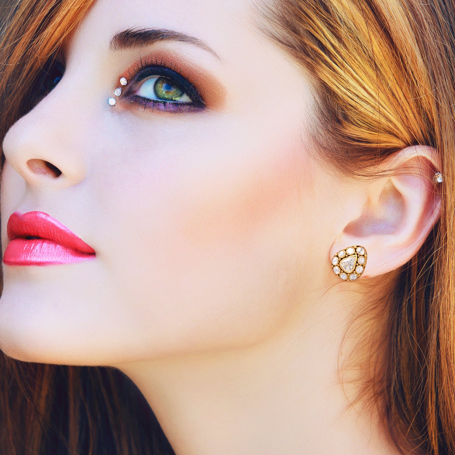 Natural Uncut Diamond Stud Earrings In Yellow Gold