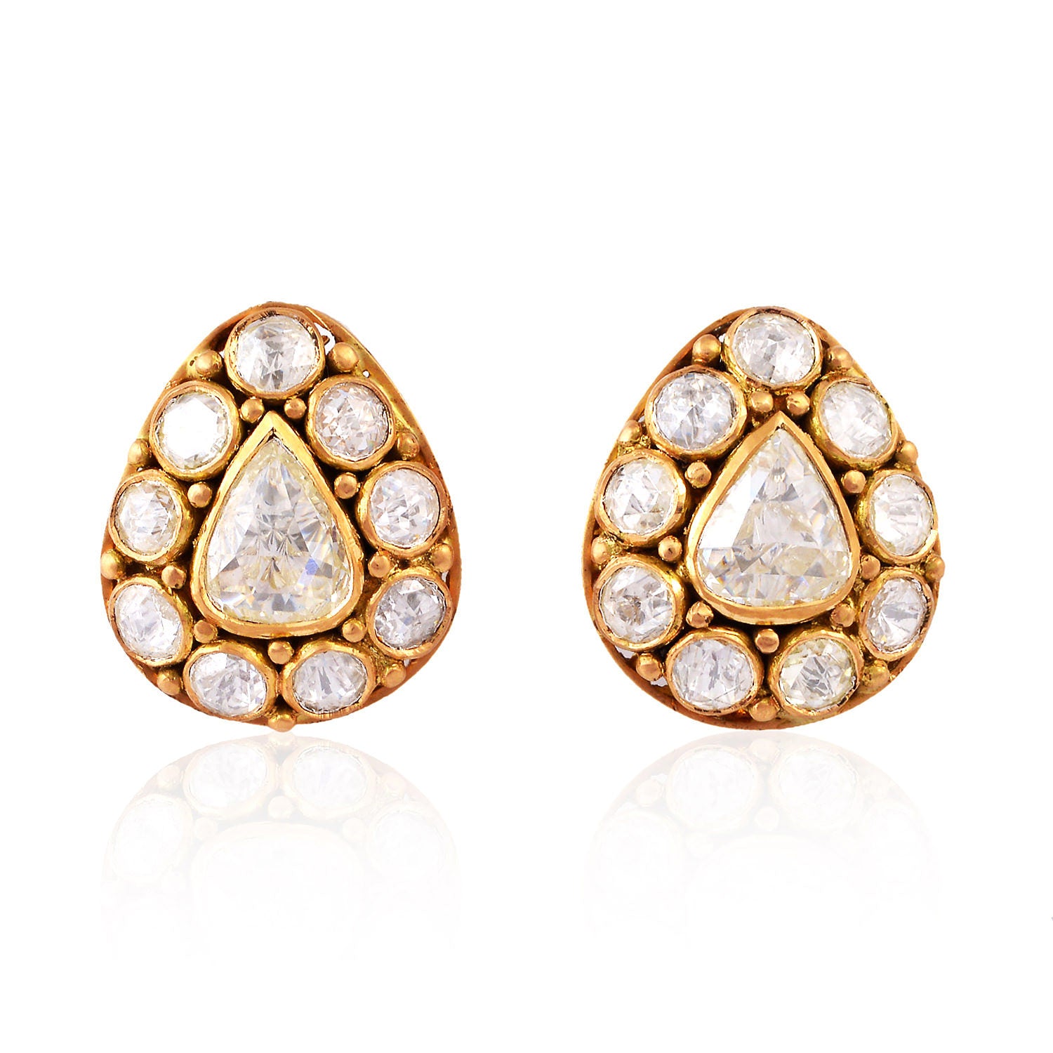 Natural Uncut Diamond Stud Earrings In Yellow Gold